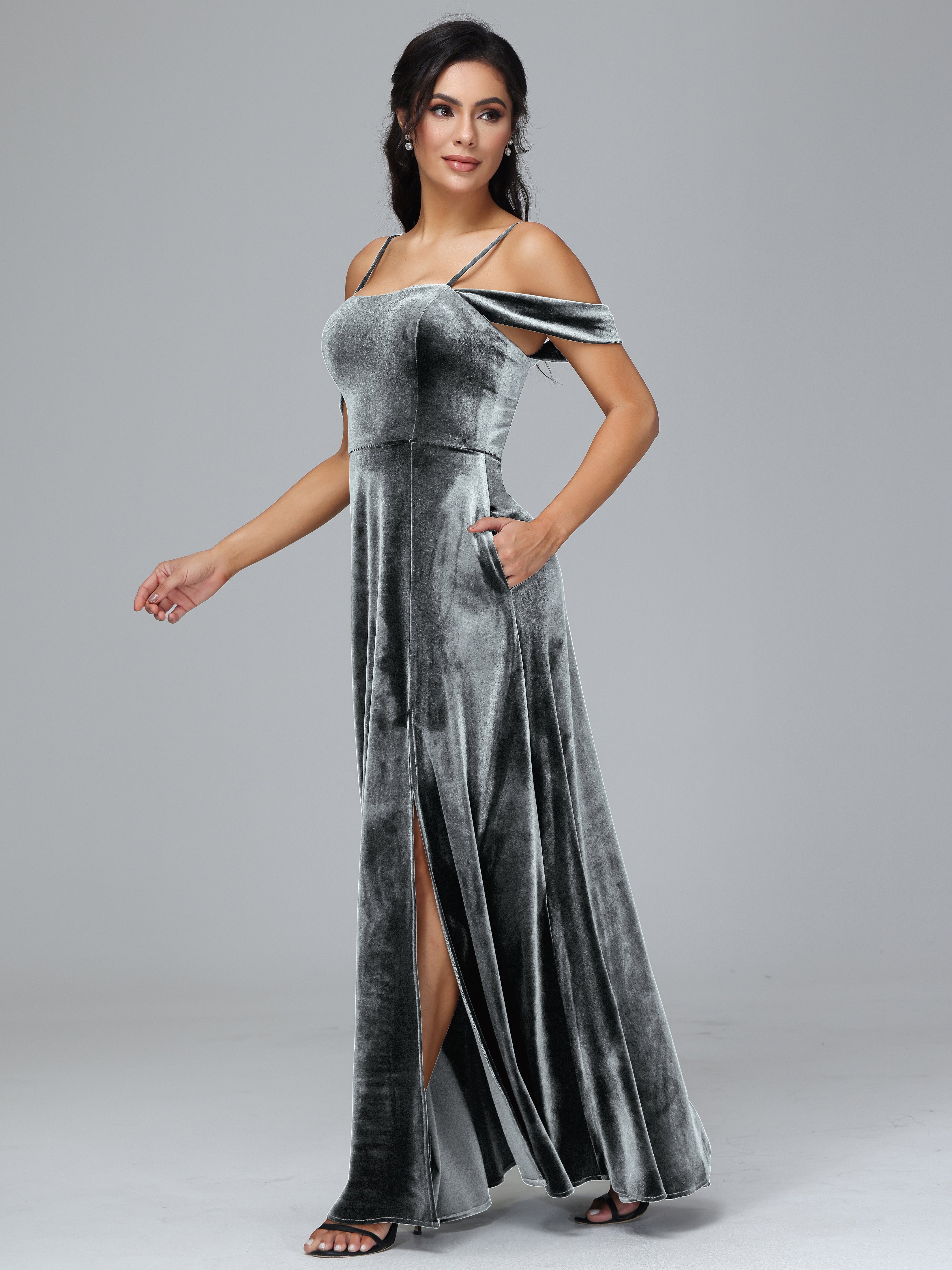Spaghetti Straps Off Shoulder Plus Size Velvet Bridesmaid Dress With Slit