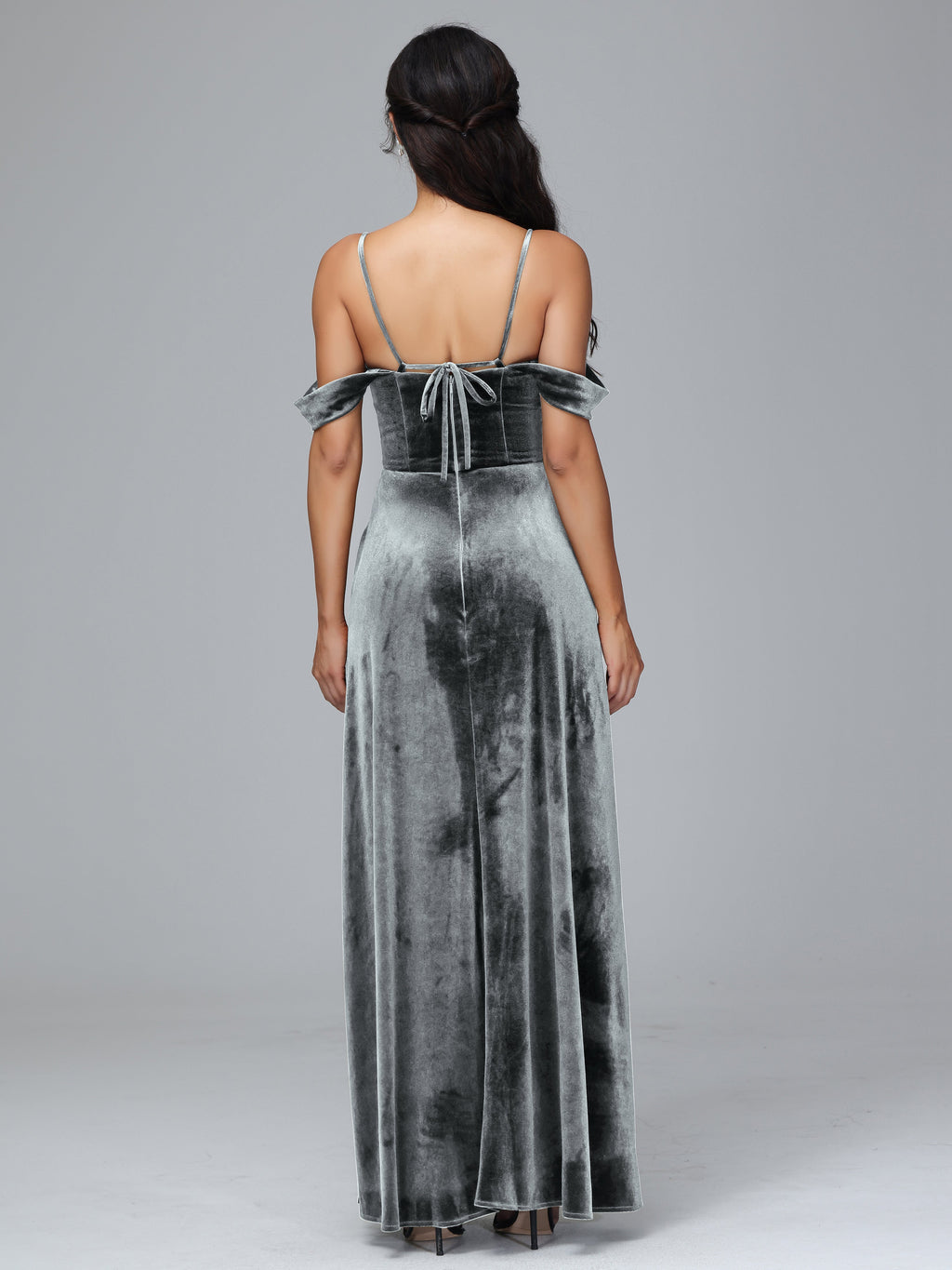 Spaghetti Straps Off Shoulder Plus Size Velvet Bridesmaid Dress With Slit
