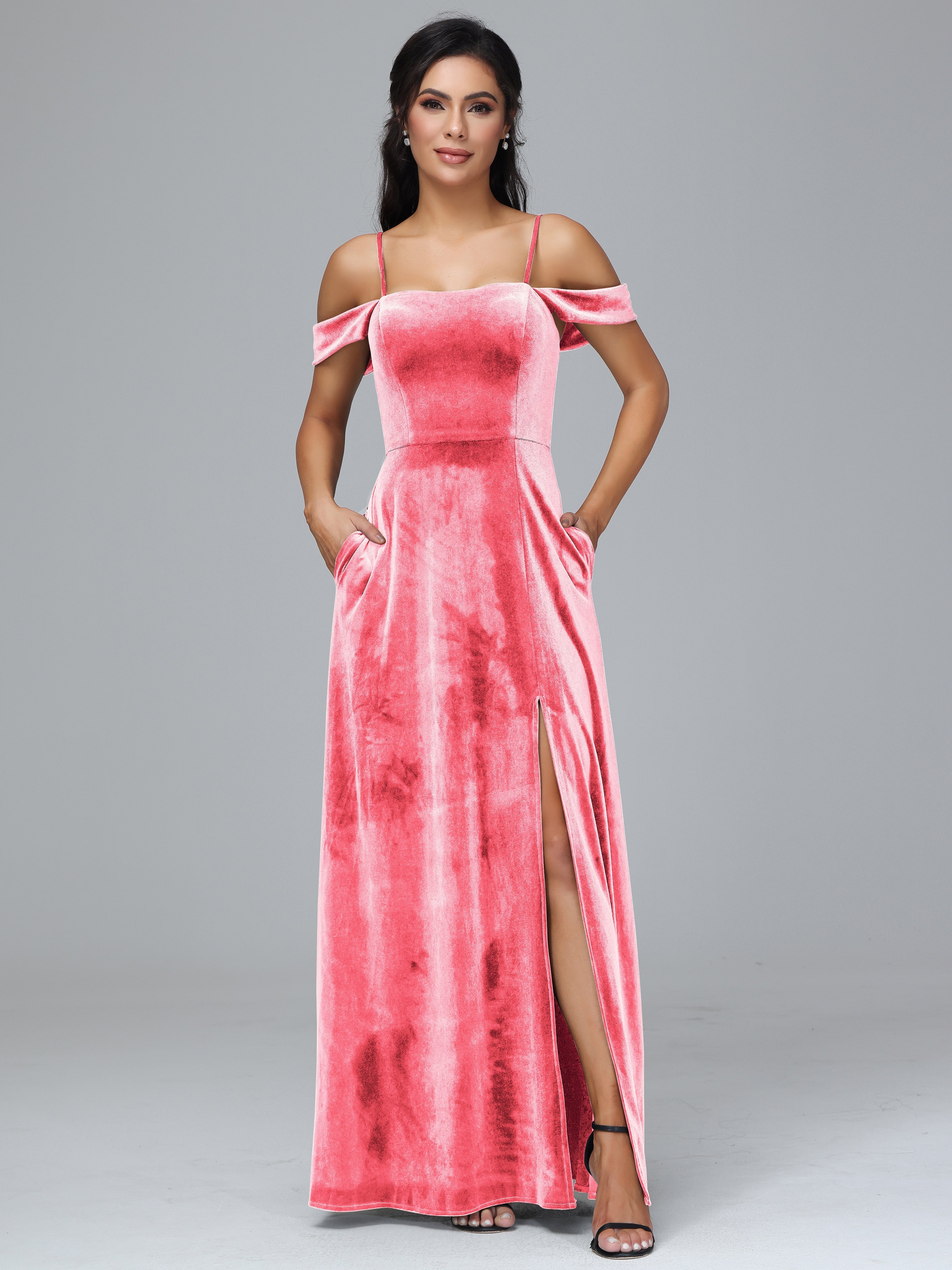 Spaghetti Straps Off Shoulder Plus Size Velvet Bridesmaid Dress With Slit
