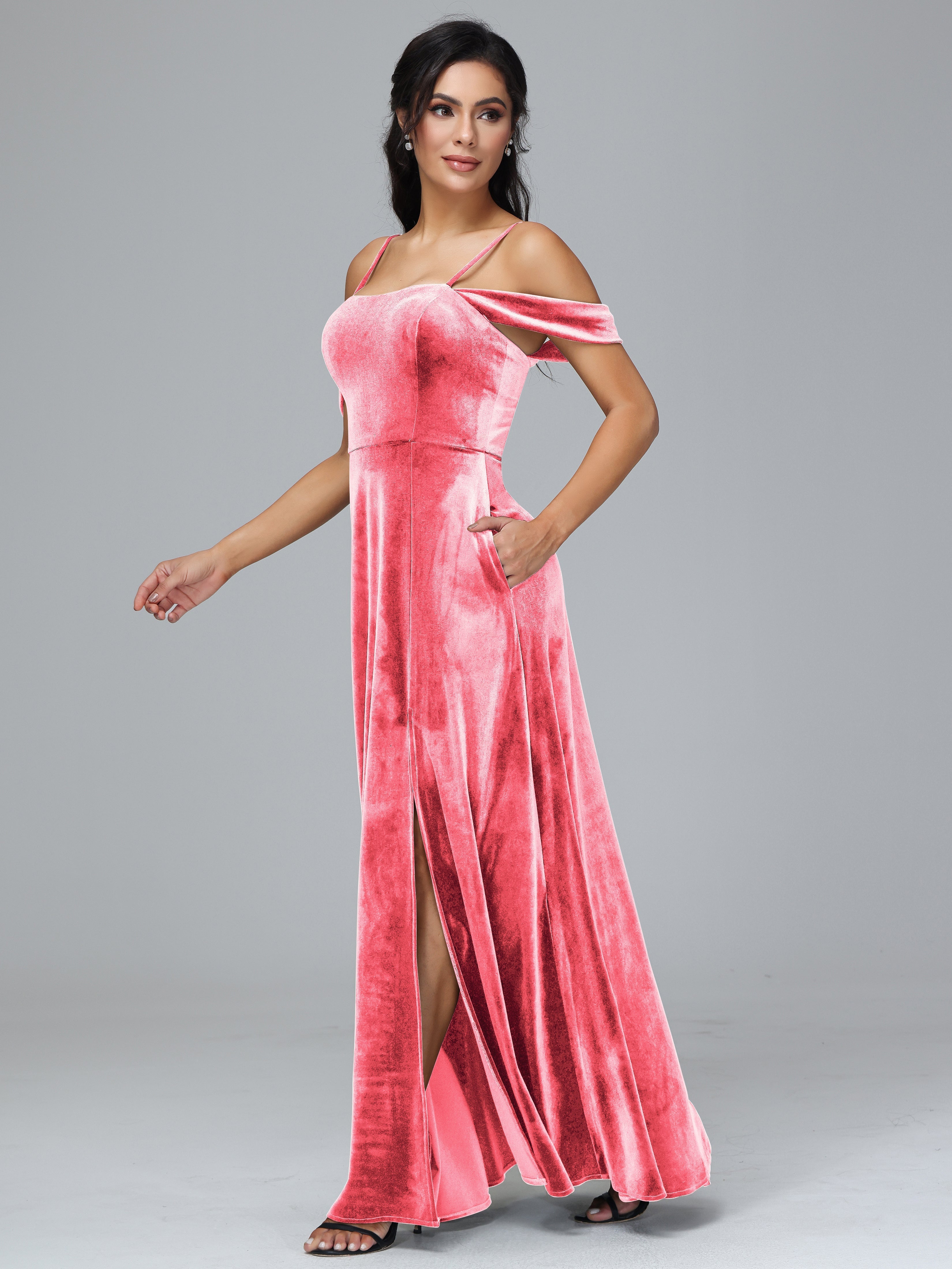 Spaghetti Straps Off Shoulder Plus Size Velvet Bridesmaid Dress With Slit
