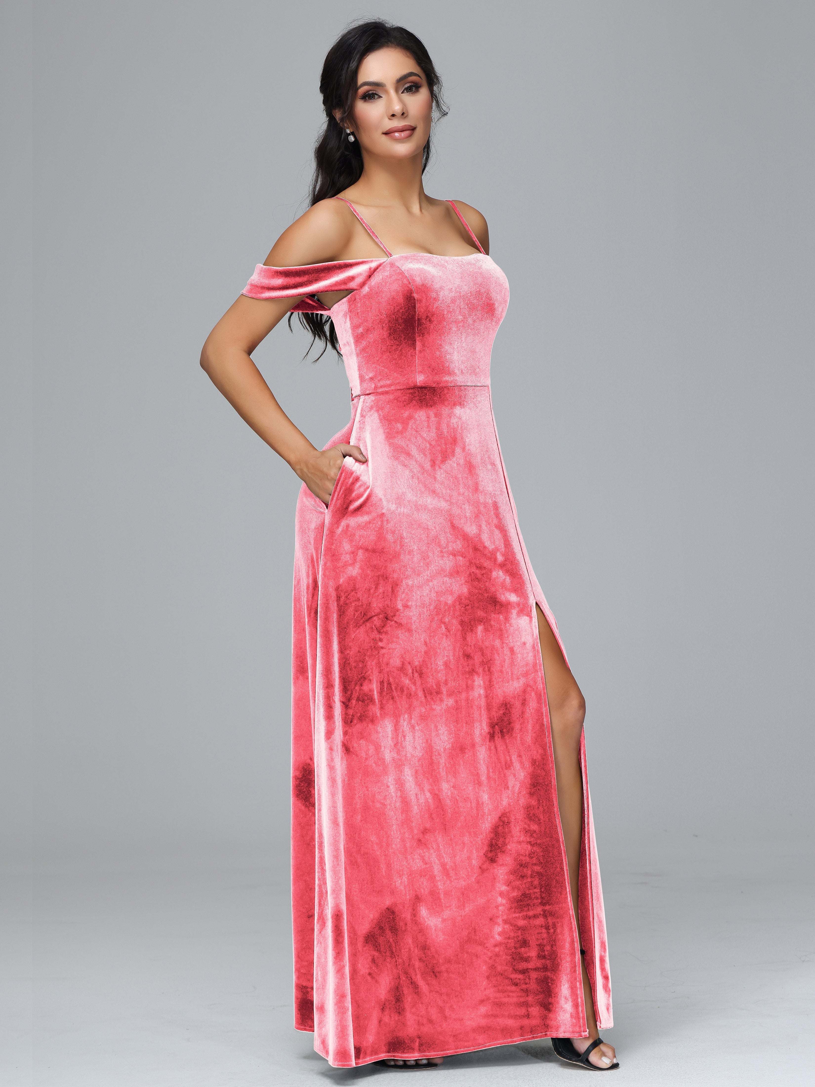 Spaghetti Straps Off Shoulder Plus Size Velvet Bridesmaid Dress With Slit