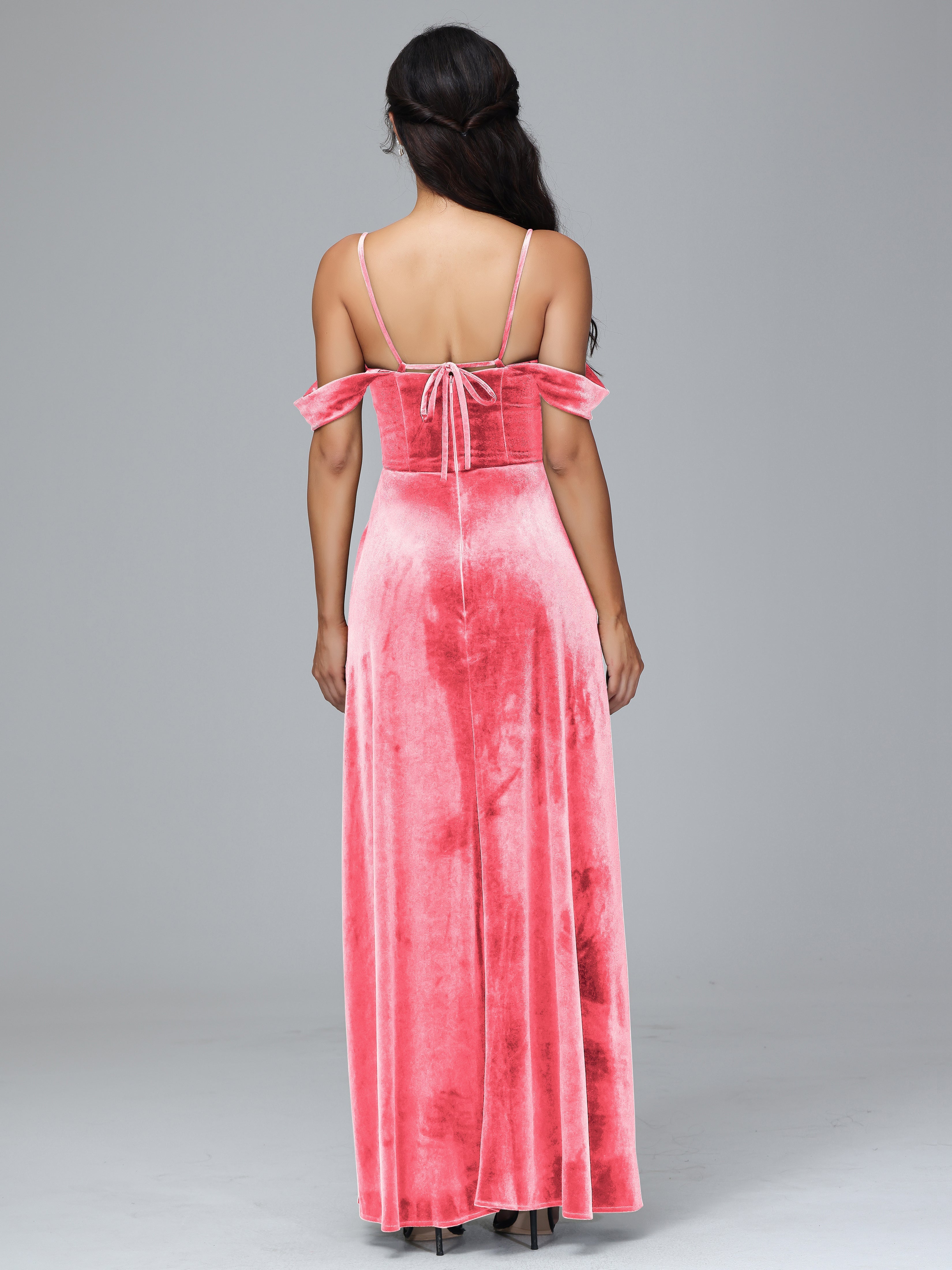 Spaghetti Straps Off Shoulder Plus Size Velvet Bridesmaid Dress With Slit