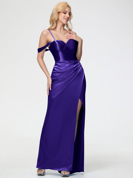 Bridesmaid Dresses Regency Sheath/Column Off The Shoulder Removable Straps Stretch Satin Bridesmaid Dress With Slit