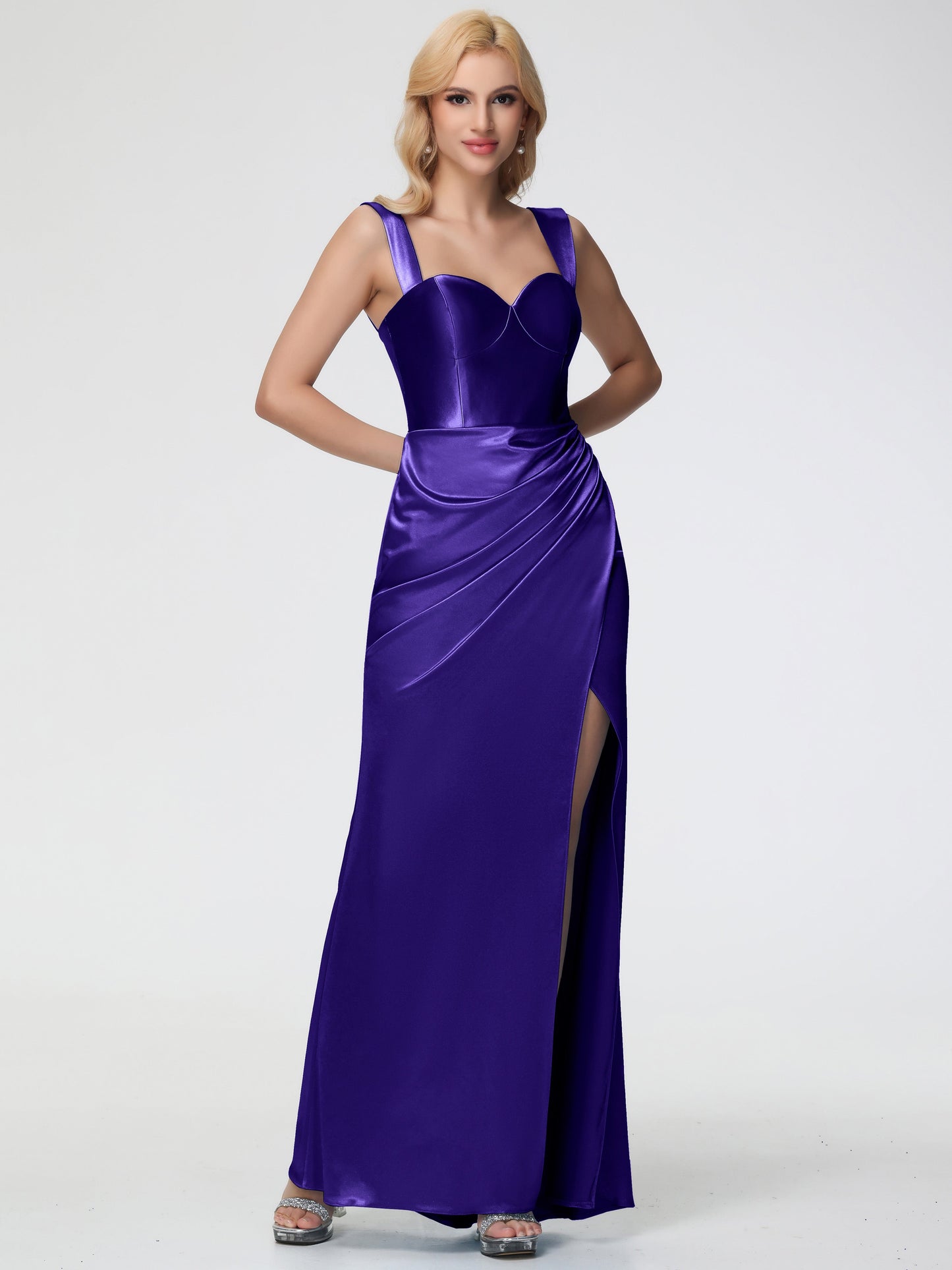 Bridesmaid Dresses Regency Sheath/Column Off The Shoulder Removable Straps Stretch Satin Bridesmaid Dress With Slit