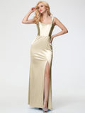Bridesmaid Dresses Champagne Colour Sheath/Column Straps V Back Floor Length Stretch Satin Bridesmaid Dress