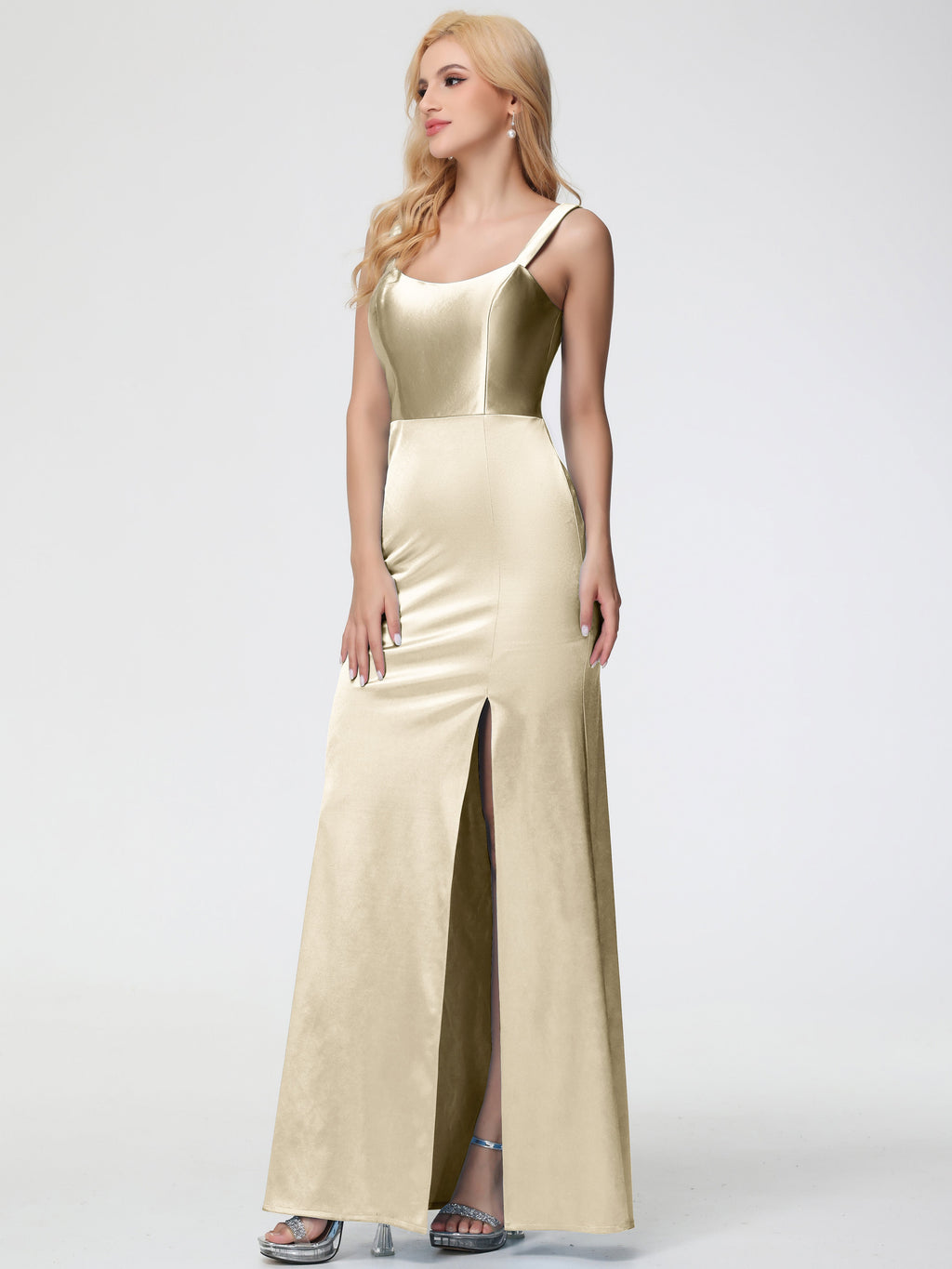 Bridesmaid Dresses Champagne Colour Sheath/Column Straps V Back Floor Length Stretch Satin Bridesmaid Dress
