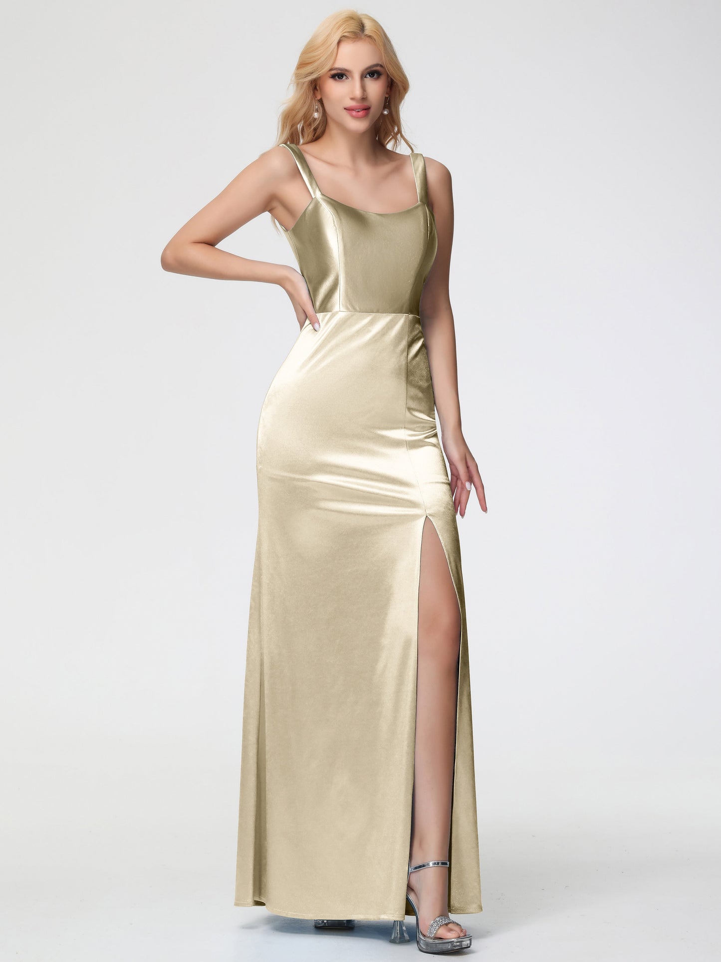 Bridesmaid Dresses Champagne Colour Sheath/Column Straps V Back Floor Length Stretch Satin Bridesmaid Dress