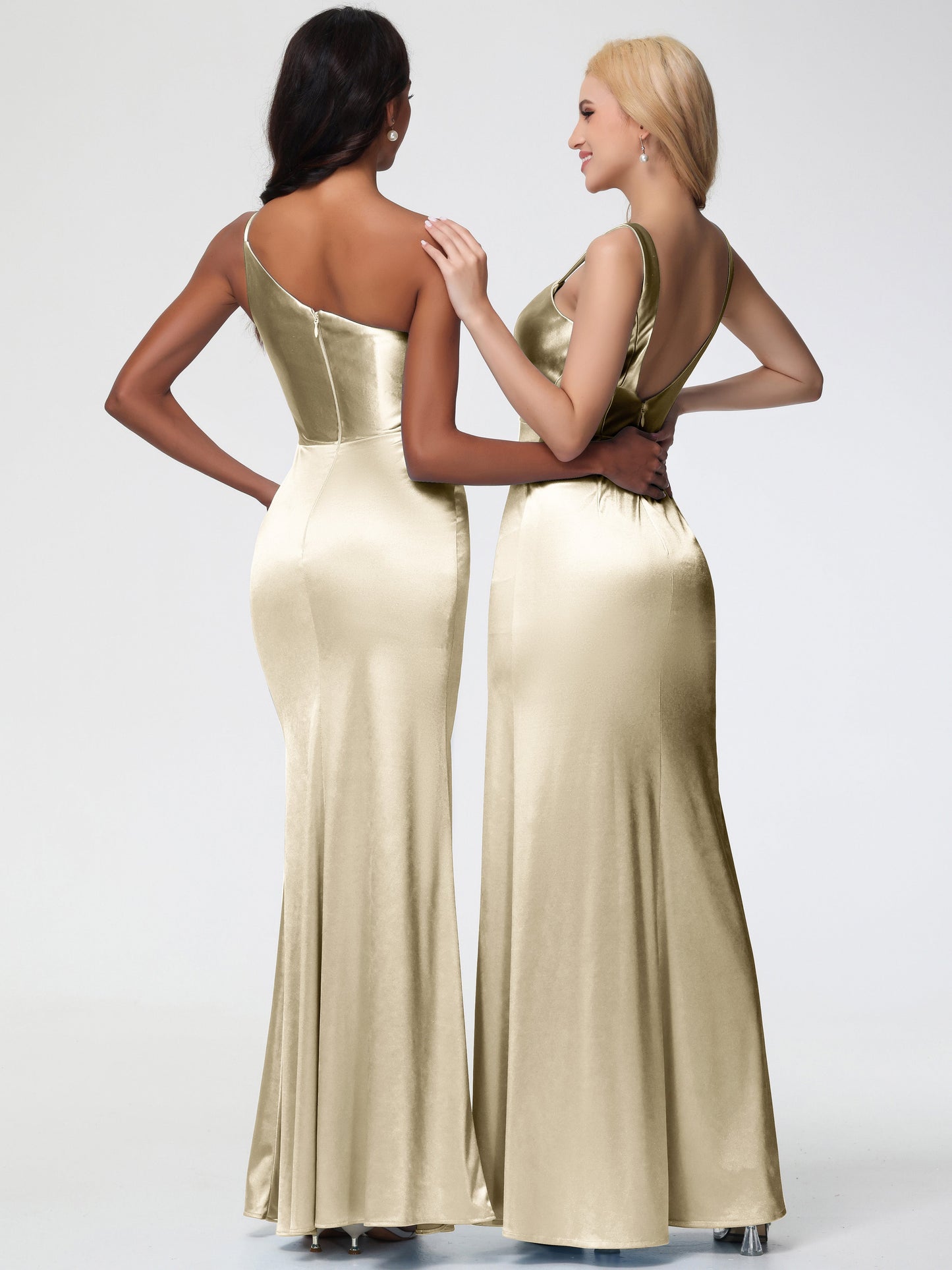 Bridesmaid Dresses Champagne Colour Sheath/Column Straps V Back Floor Length Stretch Satin Bridesmaid Dress