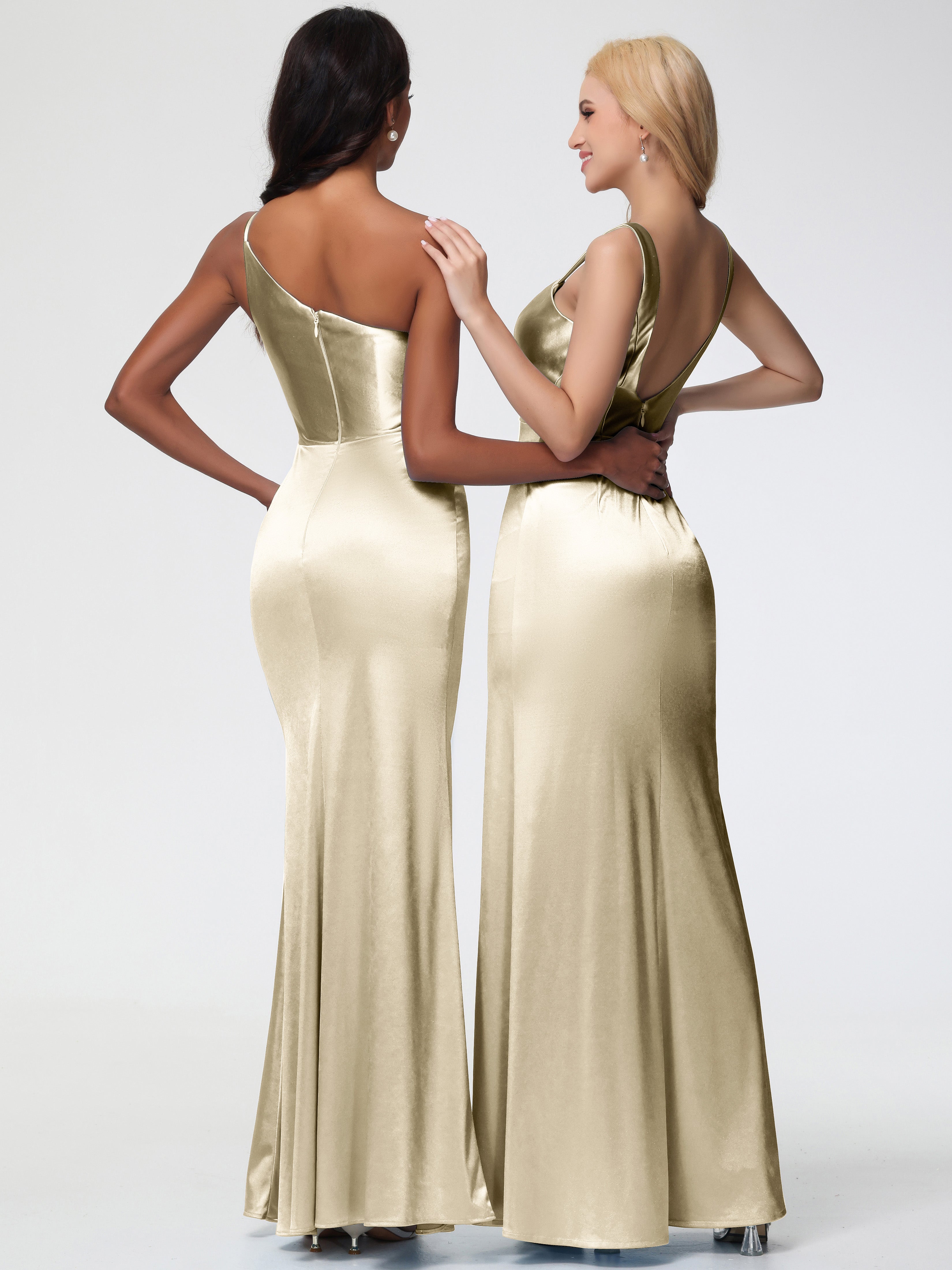 Bridesmaid Dresses Champagne Colour Sheath/Column Straps V Back Floor Length Stretch Satin Bridesmaid Dress