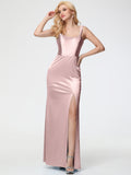 Bridesmaid Dresses Dusty Rose Sheath/Column Straps V Back Floor Length Stretch Satin Bridesmaid Dress