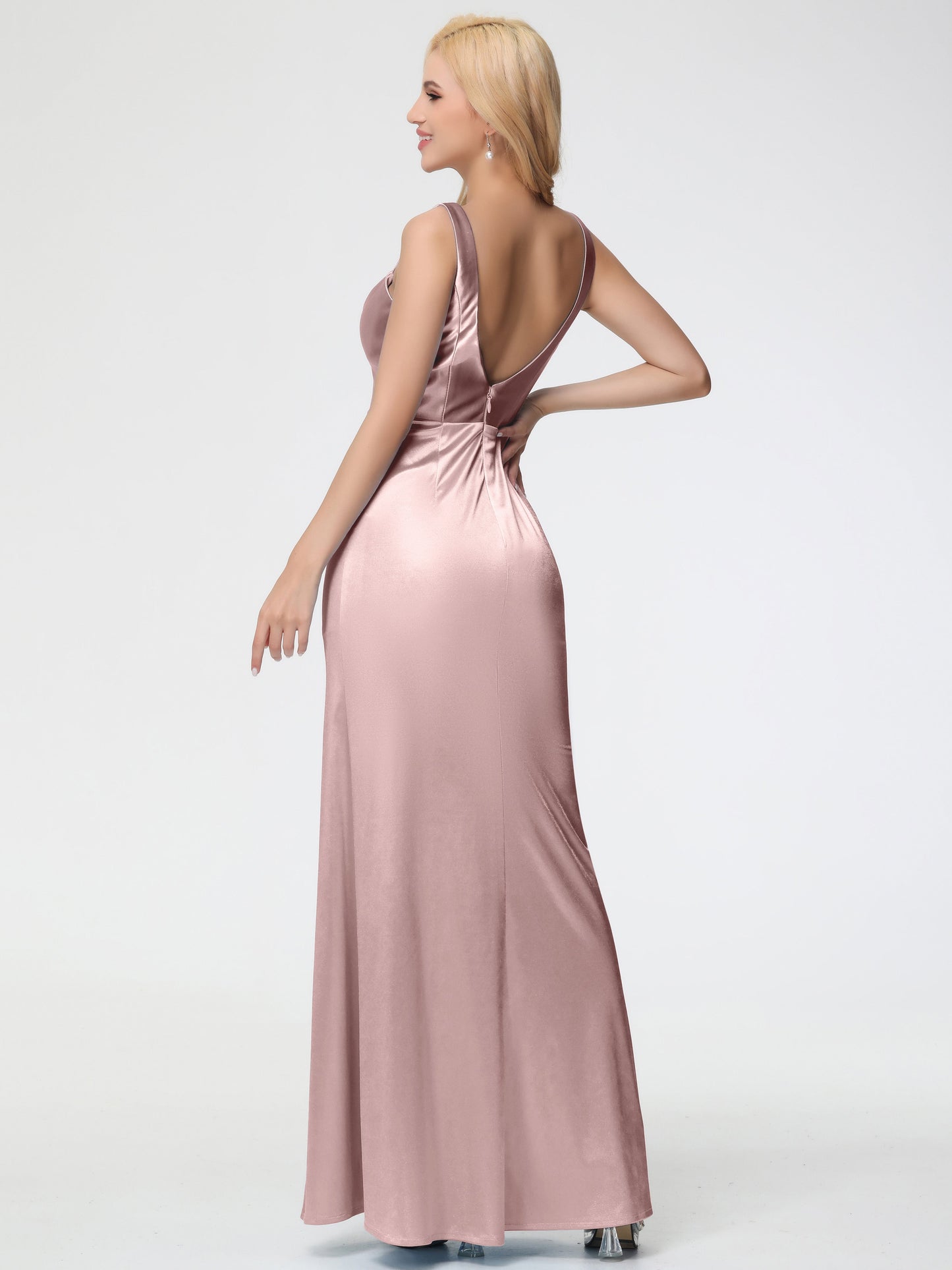 Bridesmaid Dresses Dusty Rose Sheath/Column Straps V Back Floor Length Stretch Satin Bridesmaid Dress