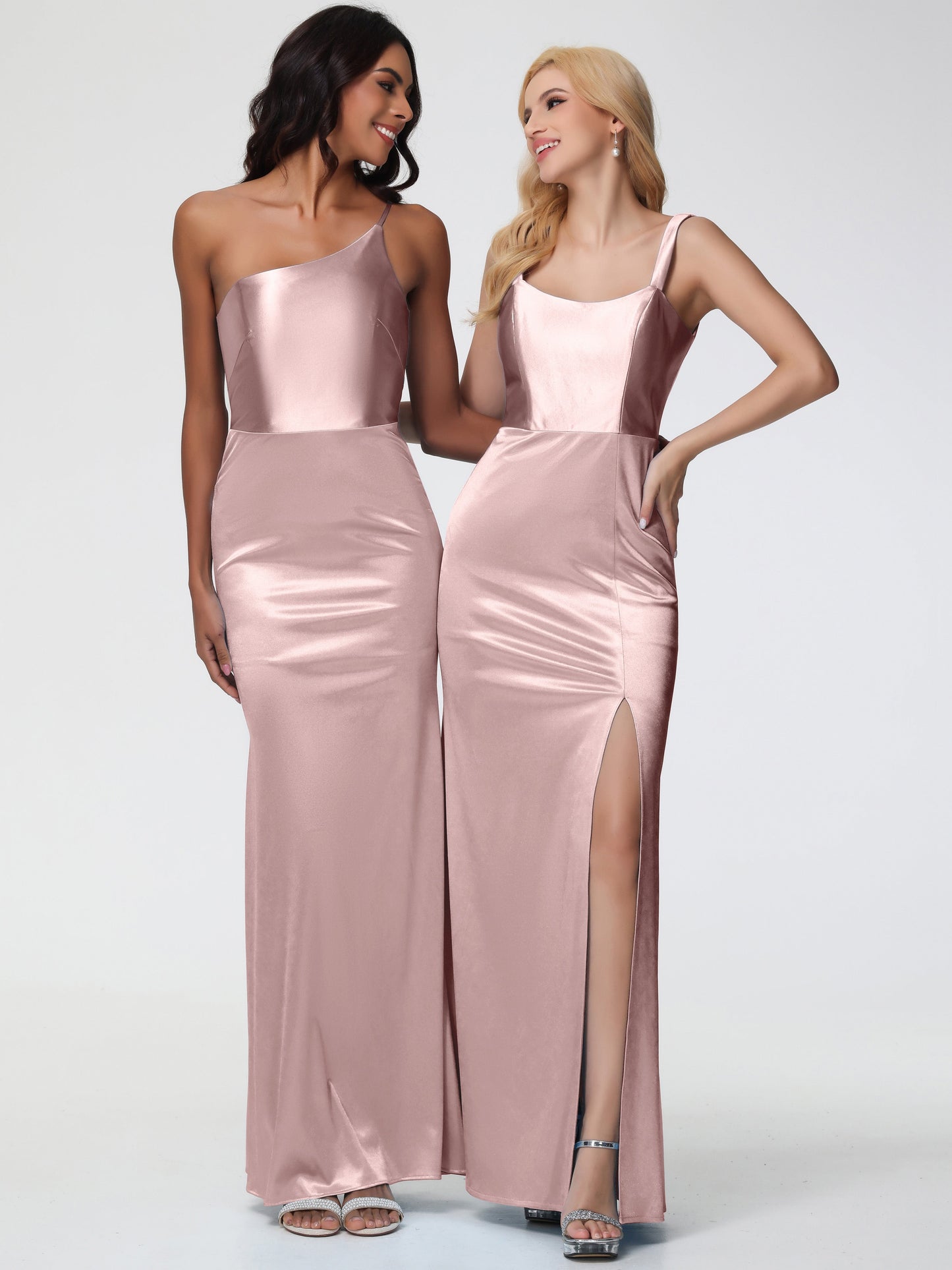 Bridesmaid Dresses Dusty Rose Sheath/Column Straps V Back Floor Length Stretch Satin Bridesmaid Dress