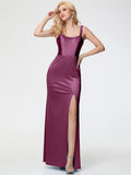 Bridesmaid Dresses Mulberry Sheath/Column Straps V Back Floor Length Stretch Satin Bridesmaid Dress