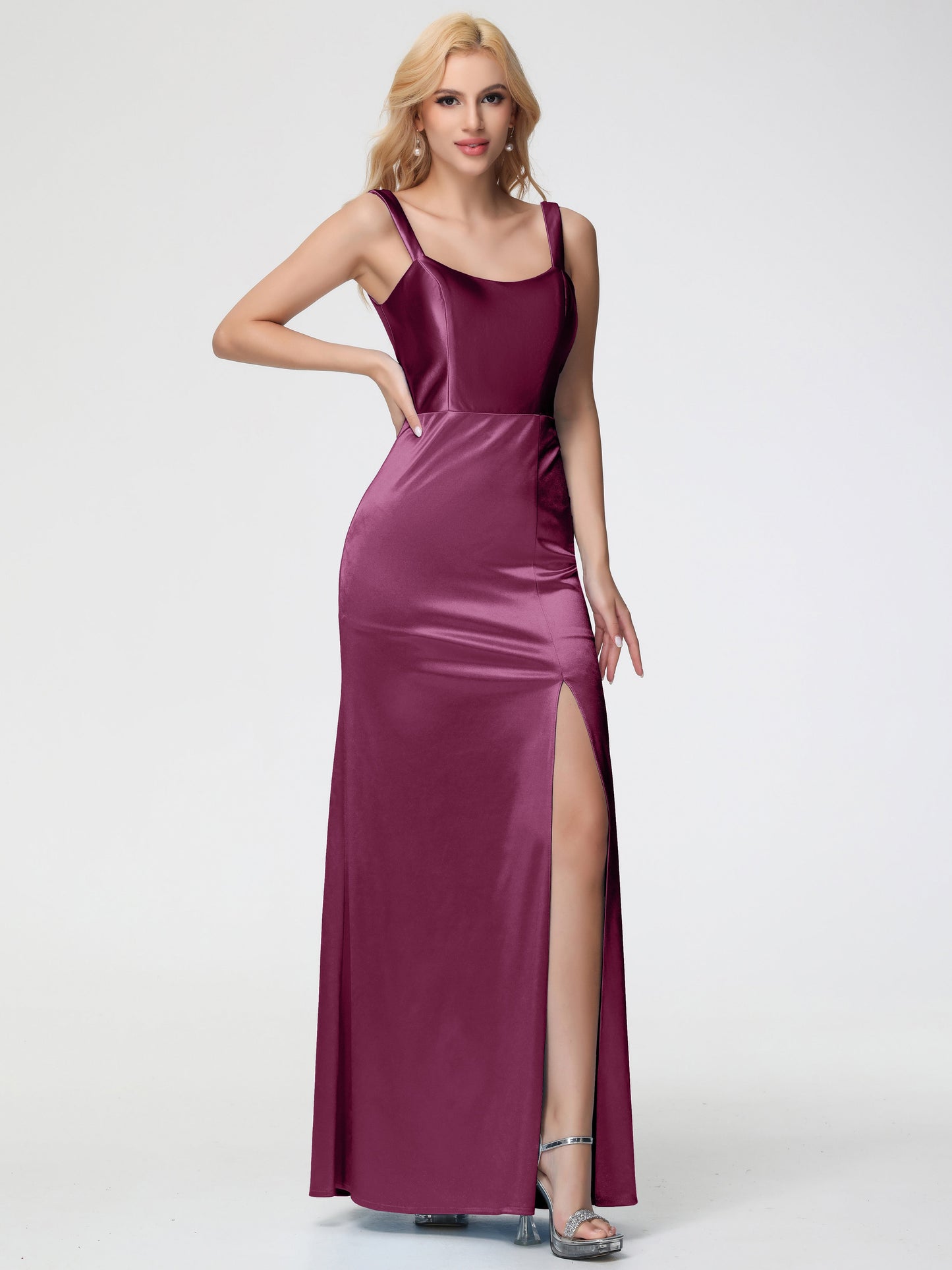 Bridesmaid Dresses Mulberry Sheath/Column Straps V Back Floor Length Stretch Satin Bridesmaid Dress