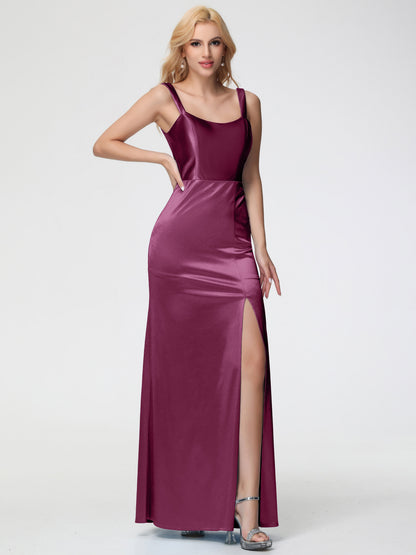 Bridesmaid Dresses Mulberry Sheath/Column Straps V Back Floor Length Stretch Satin Bridesmaid Dress
