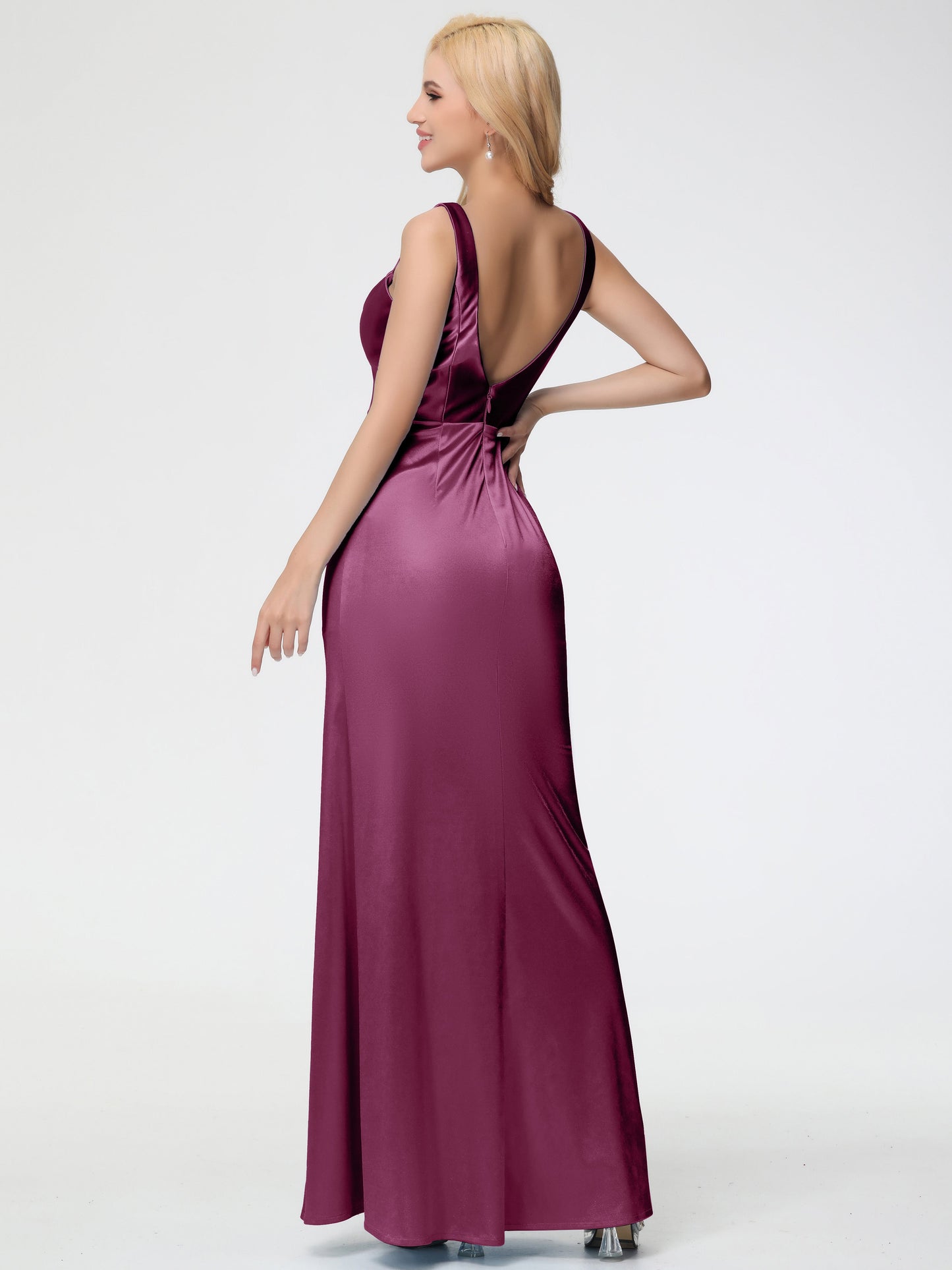 Bridesmaid Dresses Mulberry Sheath/Column Straps V Back Floor Length Stretch Satin Bridesmaid Dress