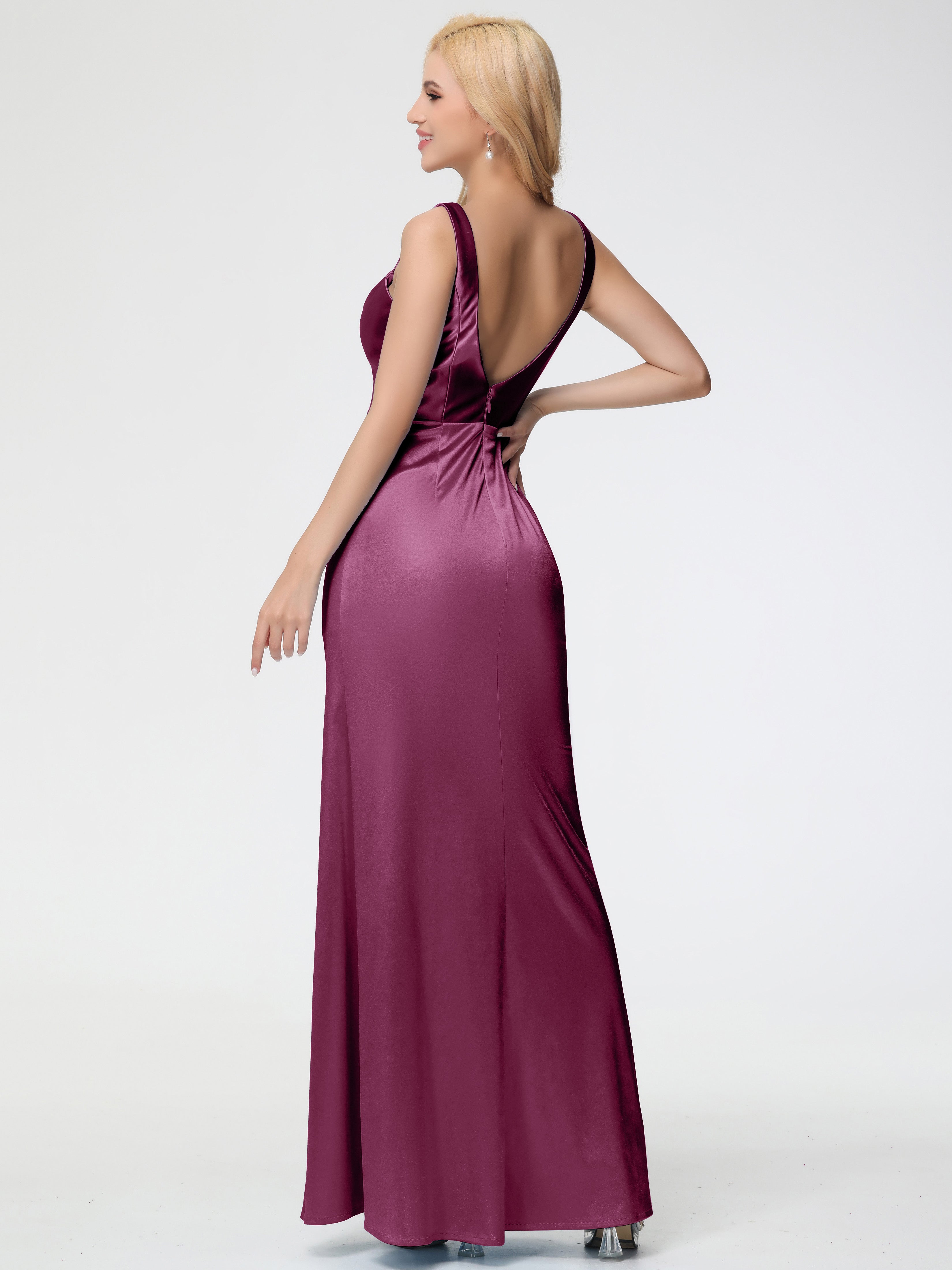 Bridesmaid Dresses Mulberry Sheath/Column Straps V Back Floor Length Stretch Satin Bridesmaid Dress
