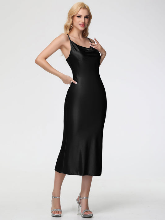 Black Stretch Sleeveless Cowl Bridesmaid Dress Sheath/Column Straps Cowl Neck Tea Length Stretch Satin Bridesmaid Dress