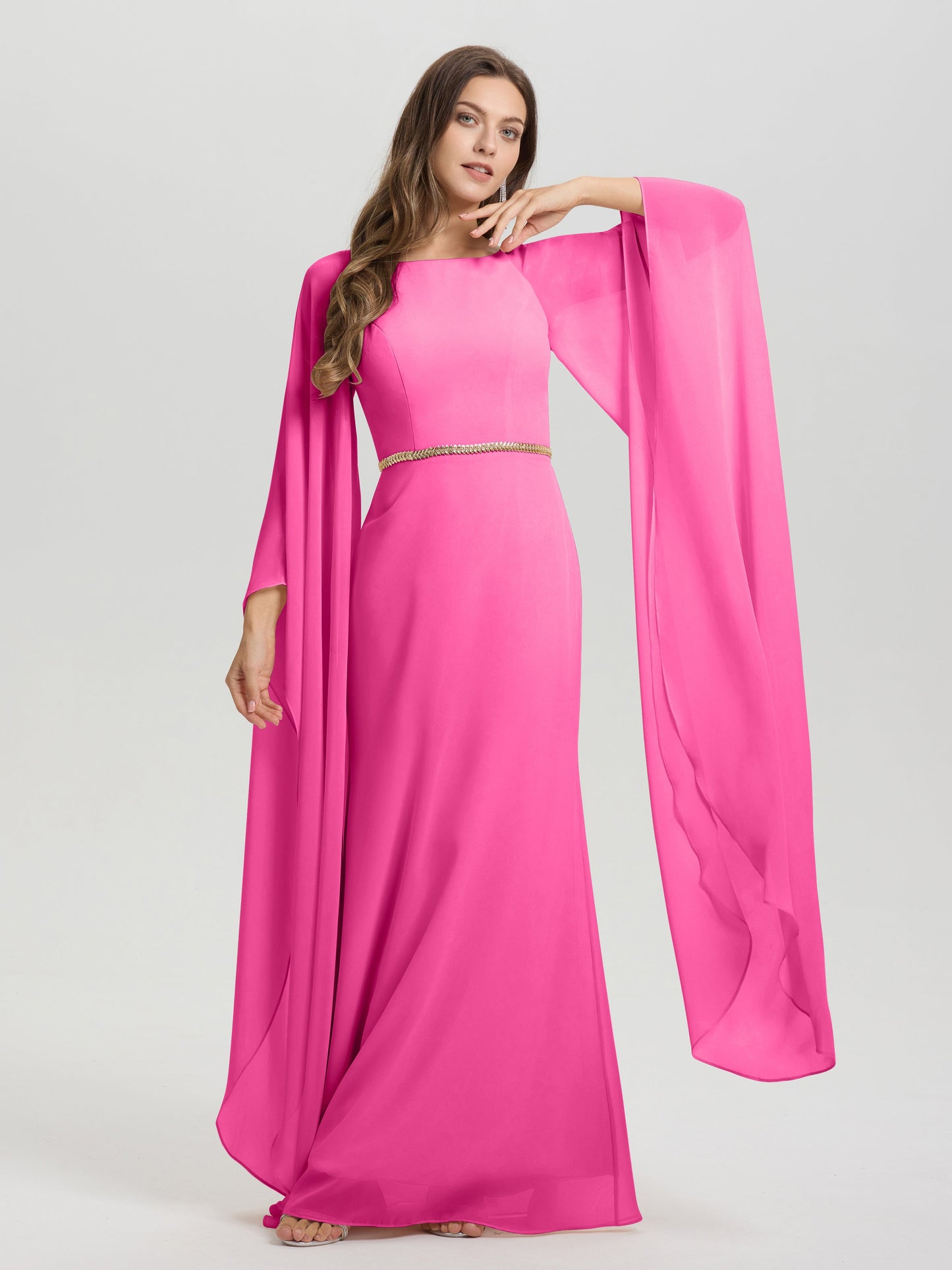 Sheath Flowy Long Sleeves Waisted Zip Back Chiffon Bridesmaid Dress