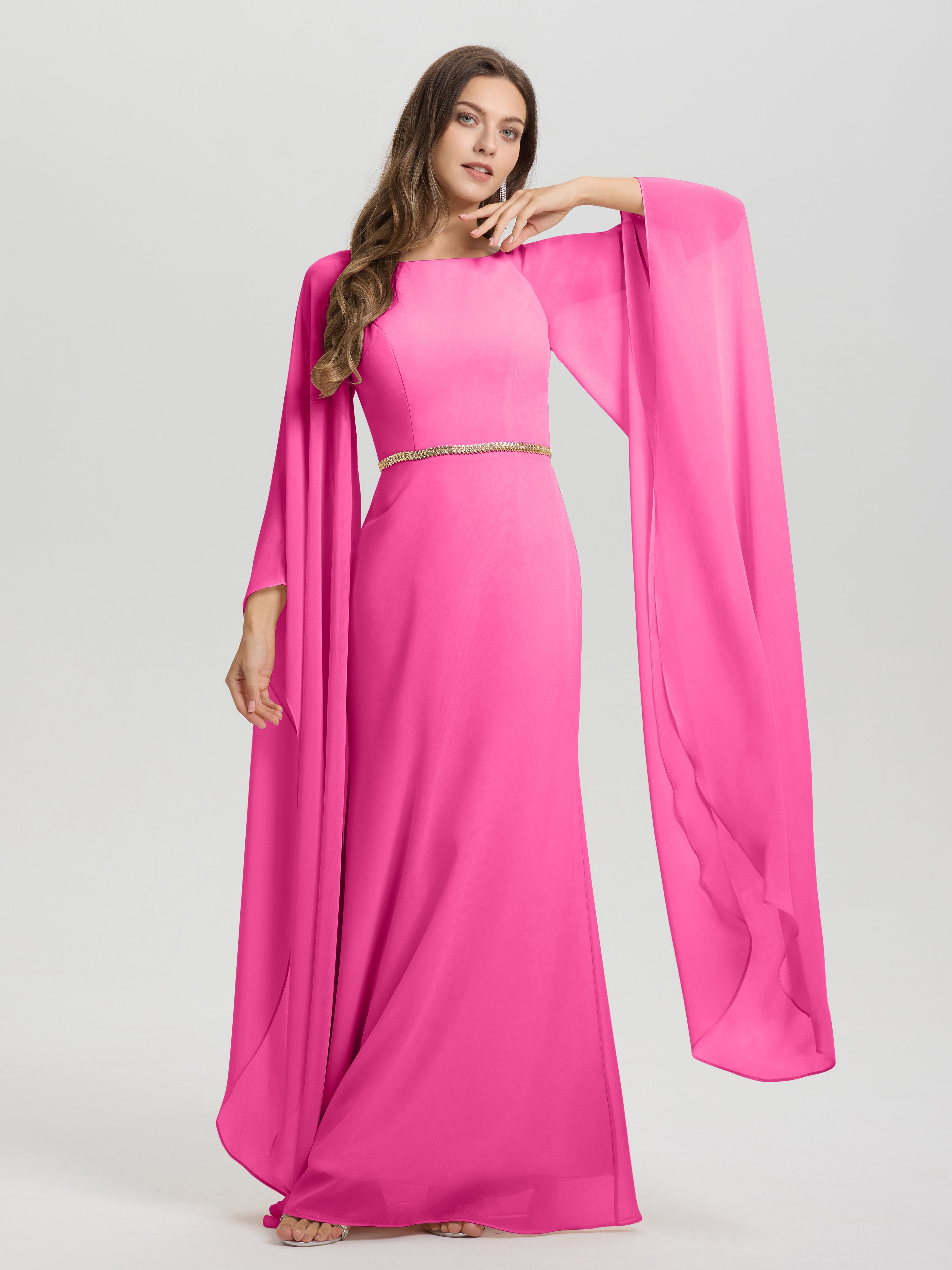 Sheath Flowy Long Sleeves Waisted Zip Back Chiffon Bridesmaid Dress