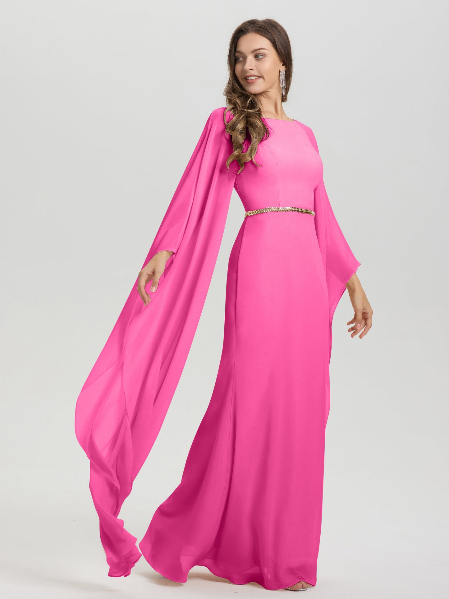 Sheath Flowy Long Sleeves Waisted Zip Back Chiffon Bridesmaid Dress