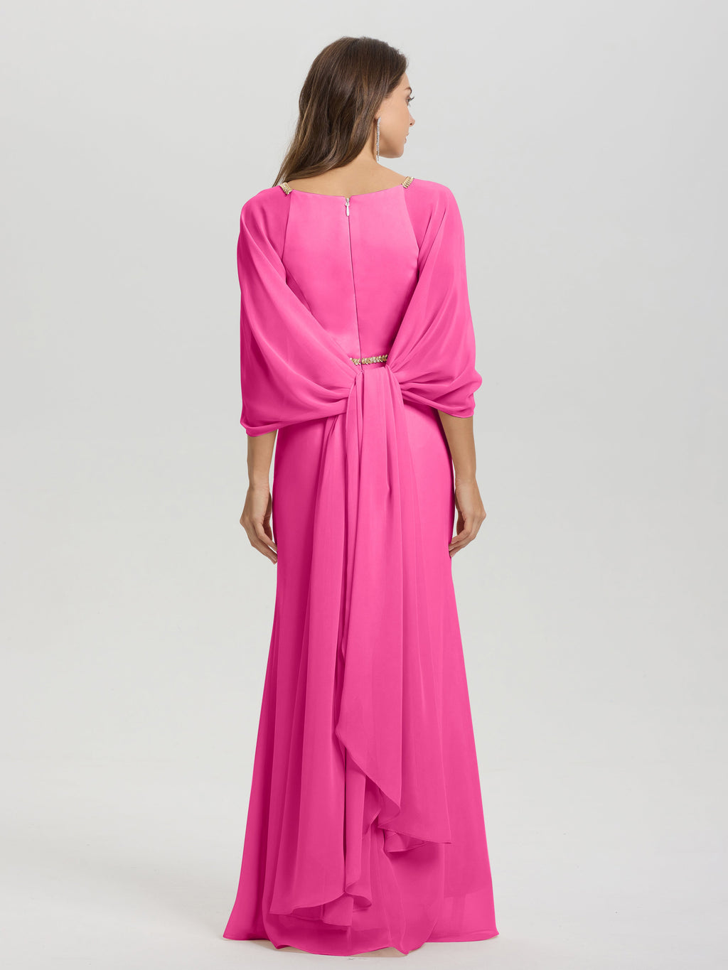 Sheath Flowy Long Sleeves Waisted Zip Back Chiffon Bridesmaid Dress