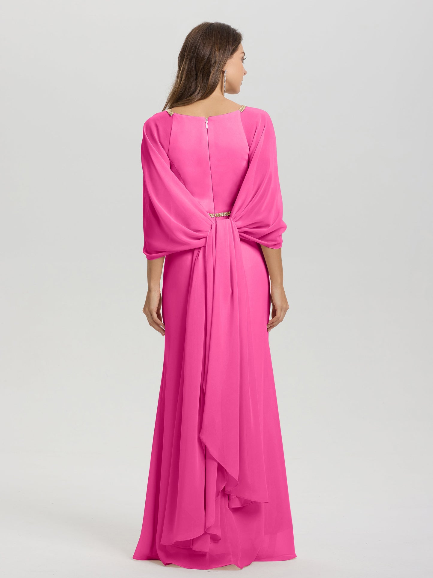 Sheath Flowy Long Sleeves Waisted Zip Back Chiffon Bridesmaid Dress