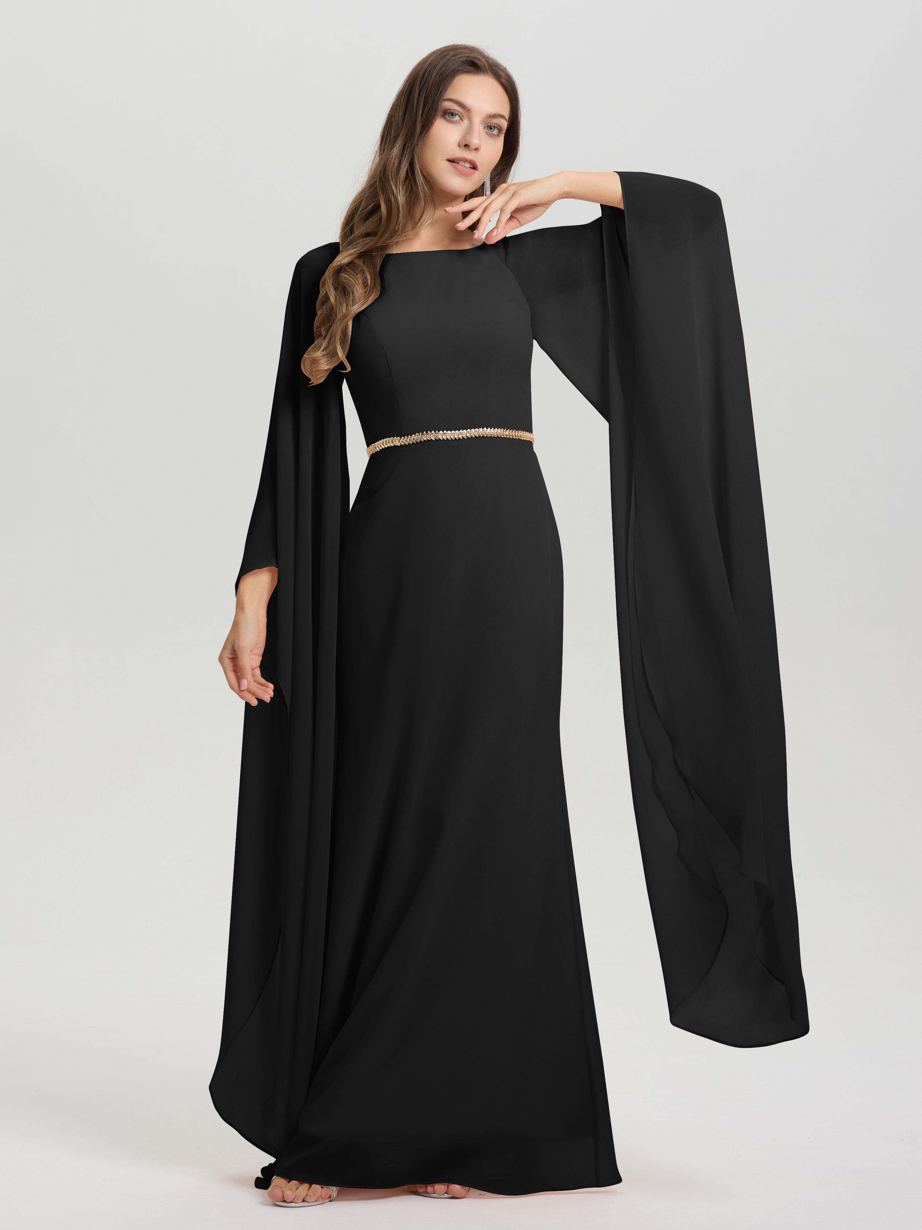 Sheath Flowy Long Sleeves Waisted Zip Back Chiffon Bridesmaid Dress