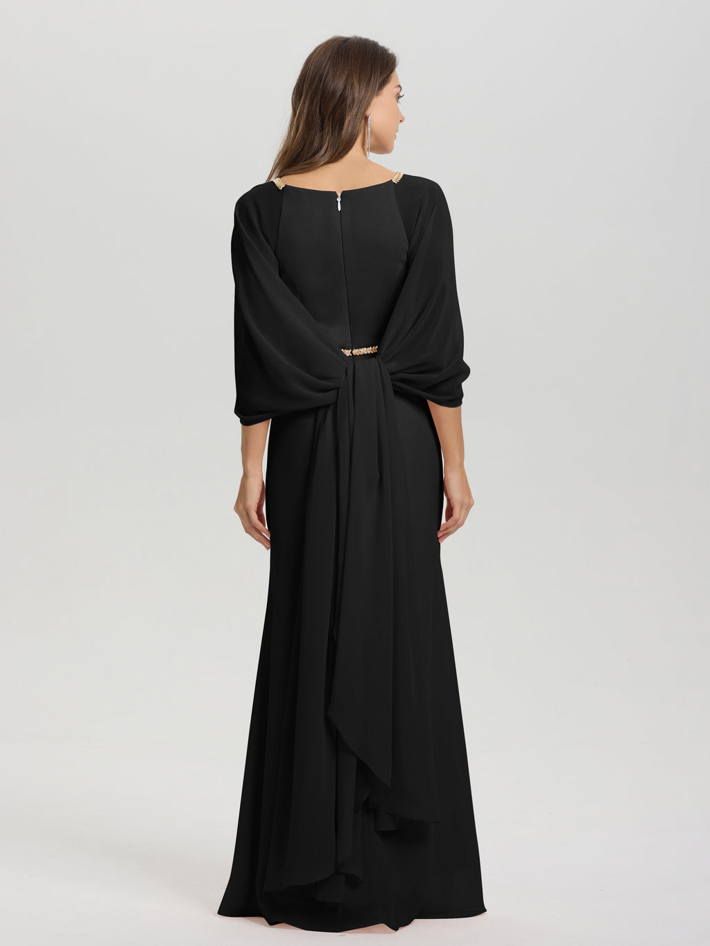 Sheath Flowy Long Sleeves Waisted Zip Back Chiffon Bridesmaid Dress