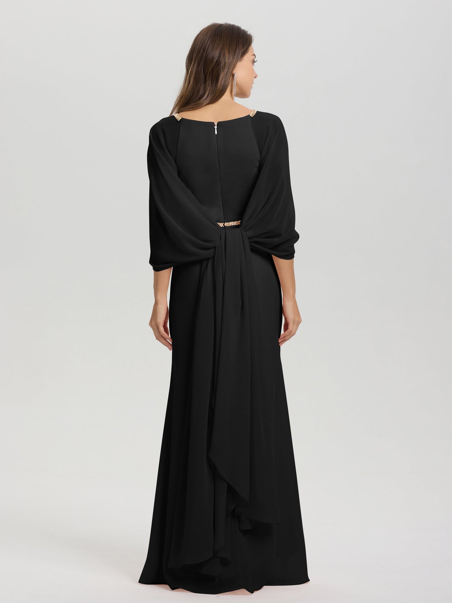 Sheath Flowy Long Sleeves Waisted Zip Back Chiffon Bridesmaid Dress