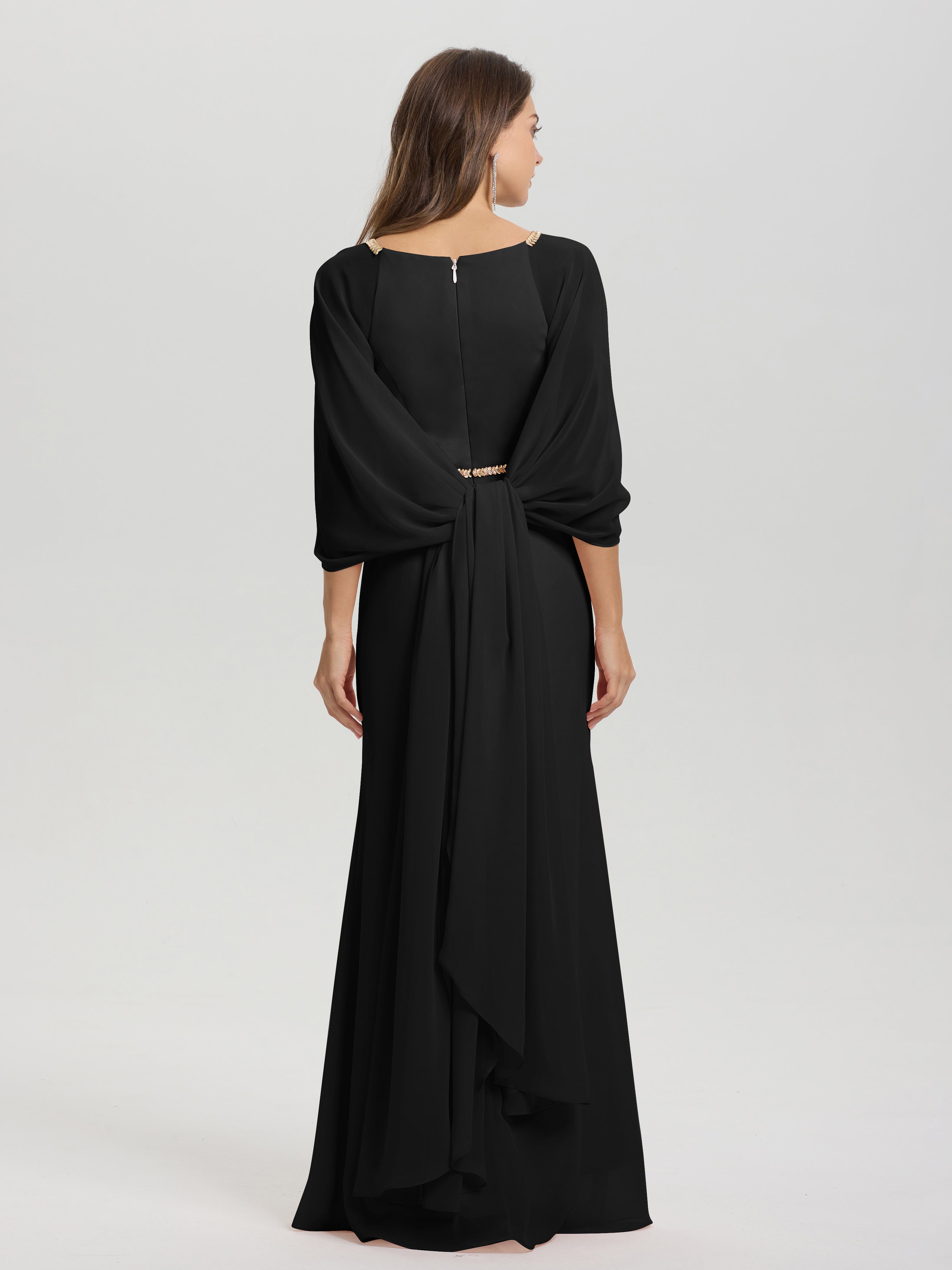 Sheath Flowy Long Sleeves Waisted Zip Back Chiffon Bridesmaid Dress