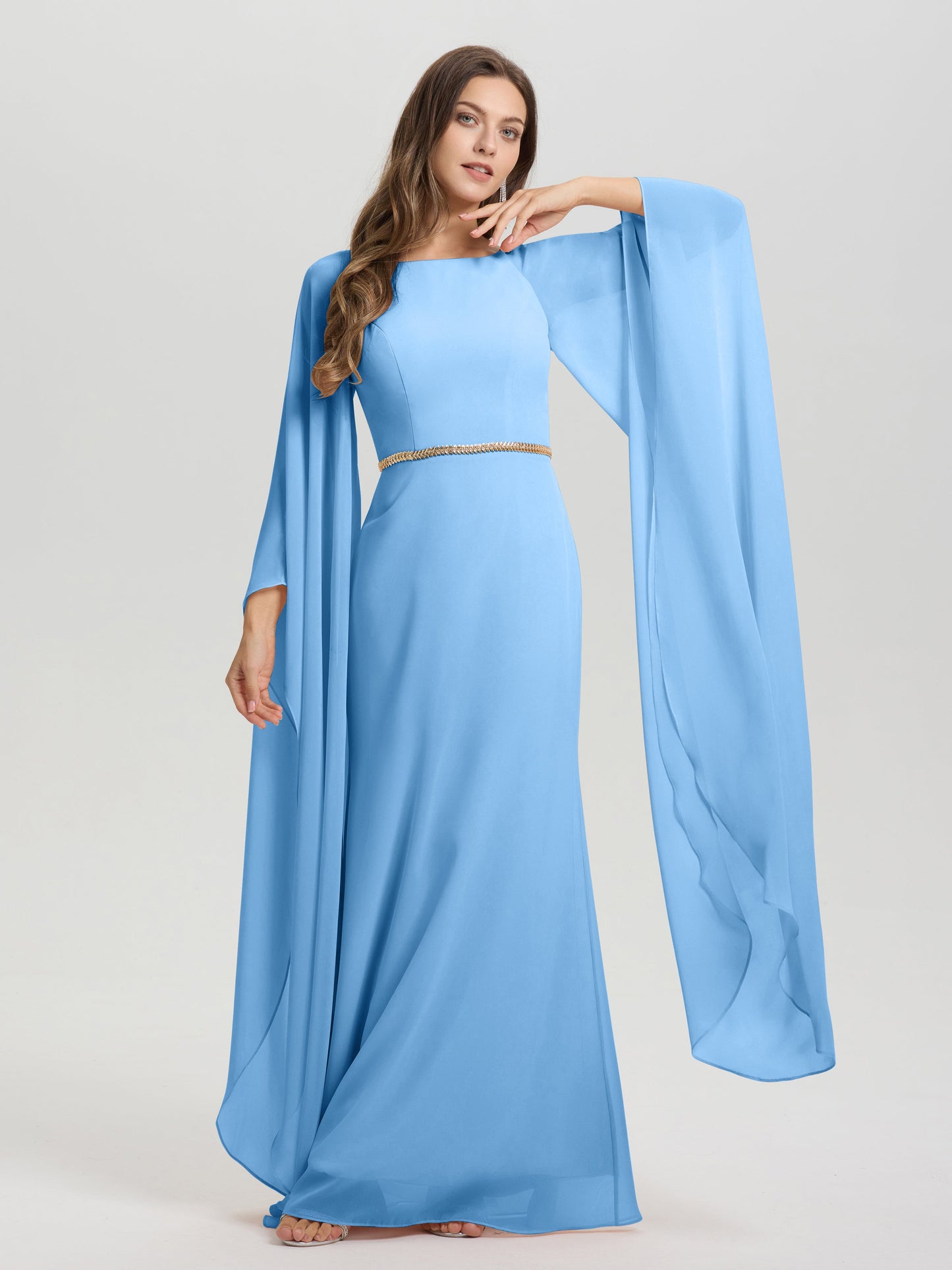 Sheath Flowy Long Sleeves Waisted Zip Back Chiffon Bridesmaid Dress