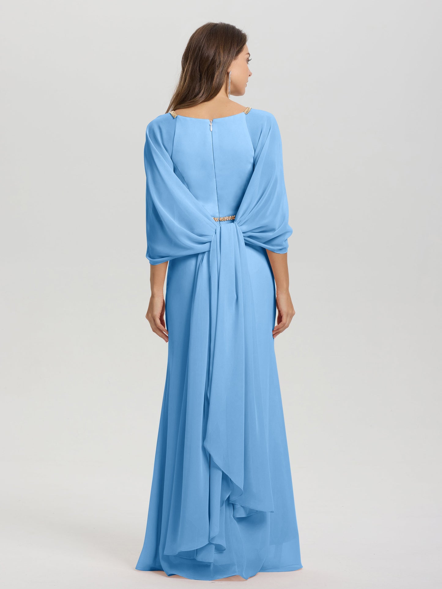 Sheath Flowy Long Sleeves Waisted Zip Back Chiffon Bridesmaid Dress