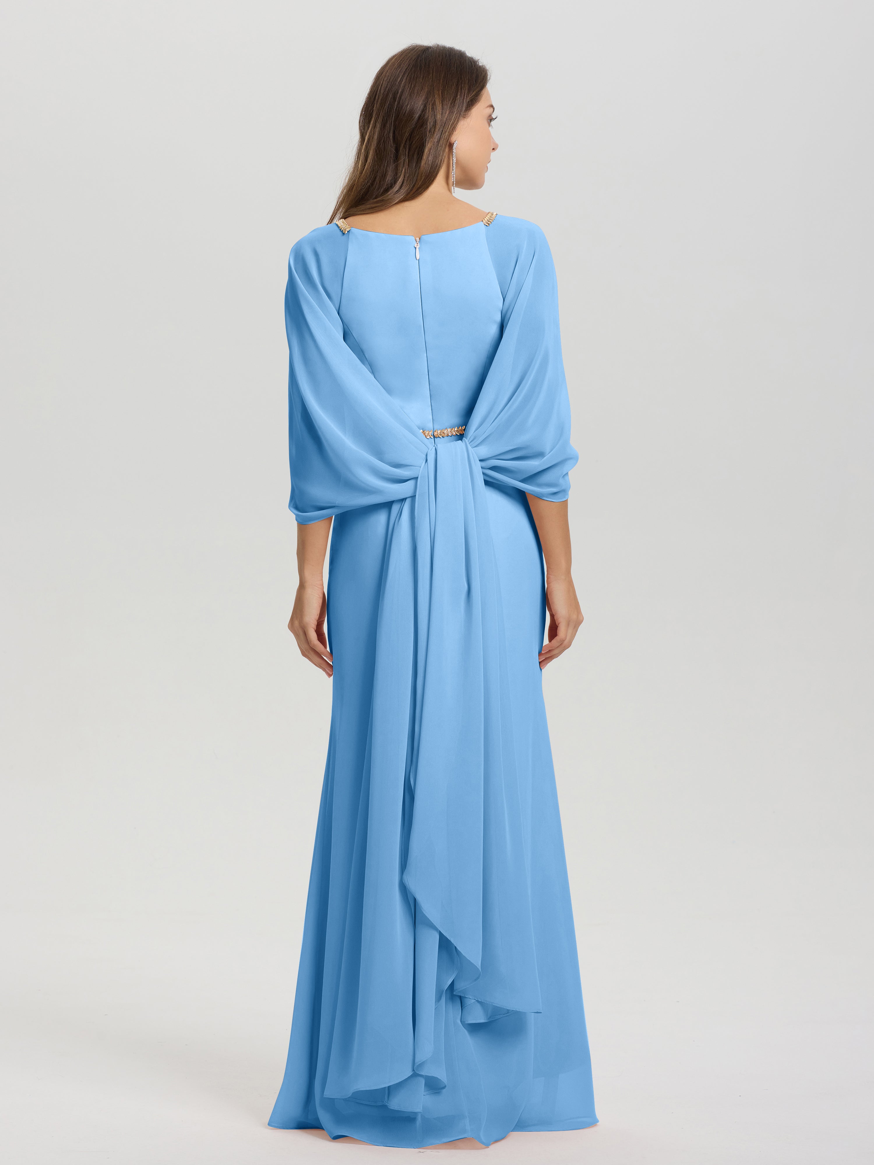 Sheath Flowy Long Sleeves Waisted Zip Back Chiffon Bridesmaid Dress