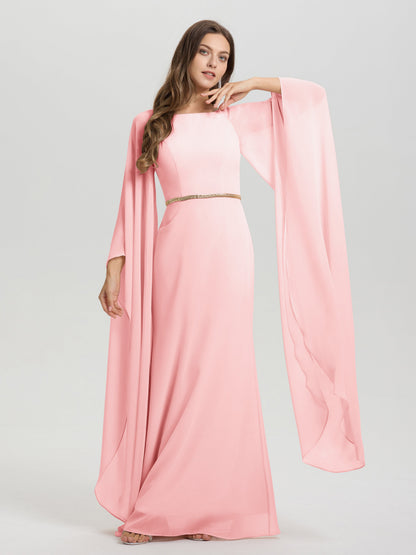 Sheath Flowy Long Sleeves Waisted Zip Back Chiffon Bridesmaid Dress