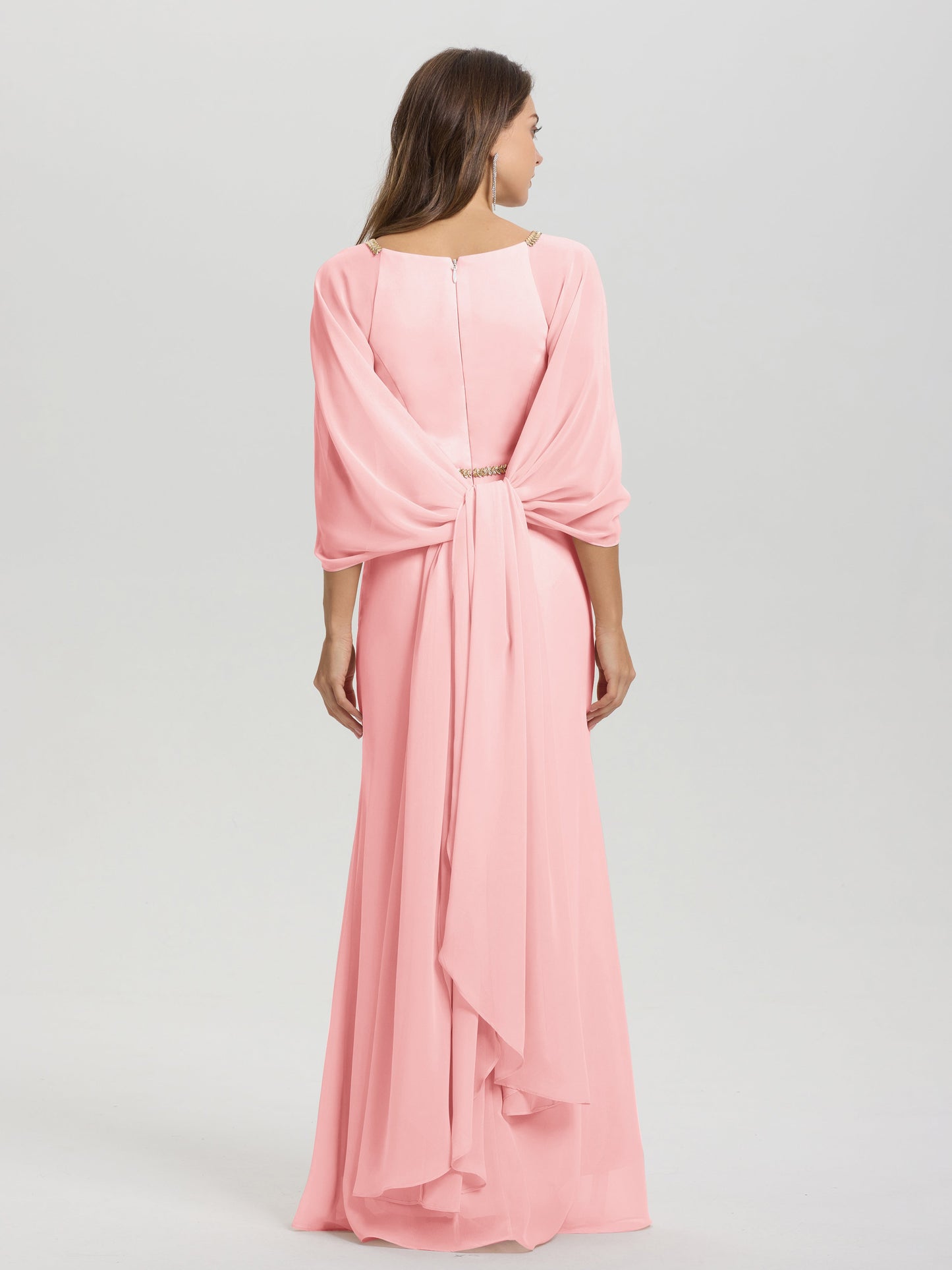 Sheath Flowy Long Sleeves Waisted Zip Back Chiffon Bridesmaid Dress