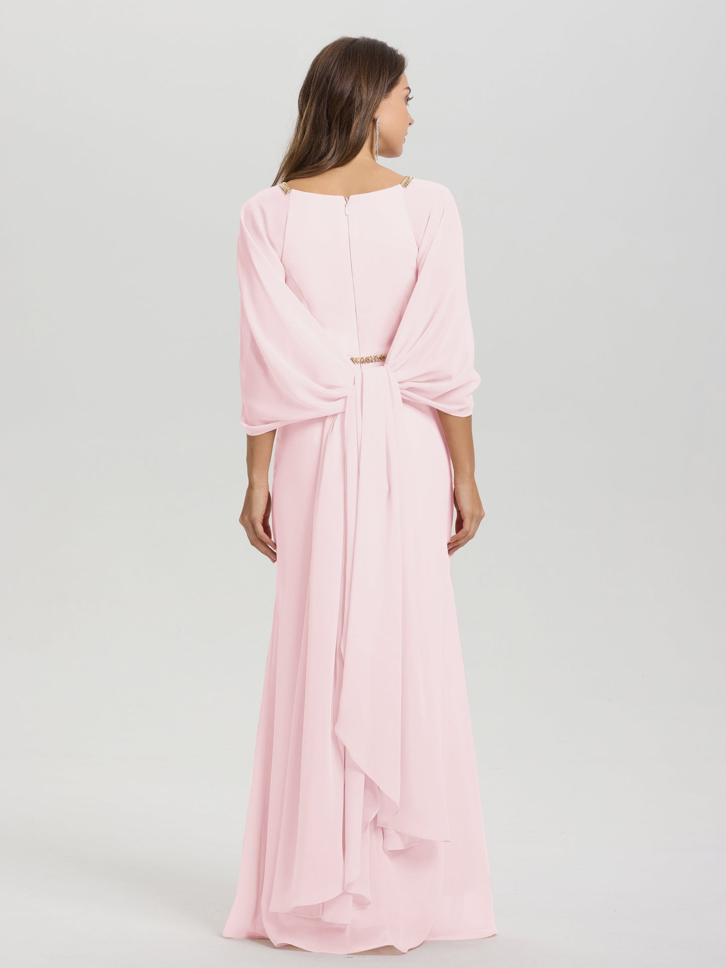 Sheath Flowy Long Sleeves Waisted Zip Back Chiffon Bridesmaid Dress