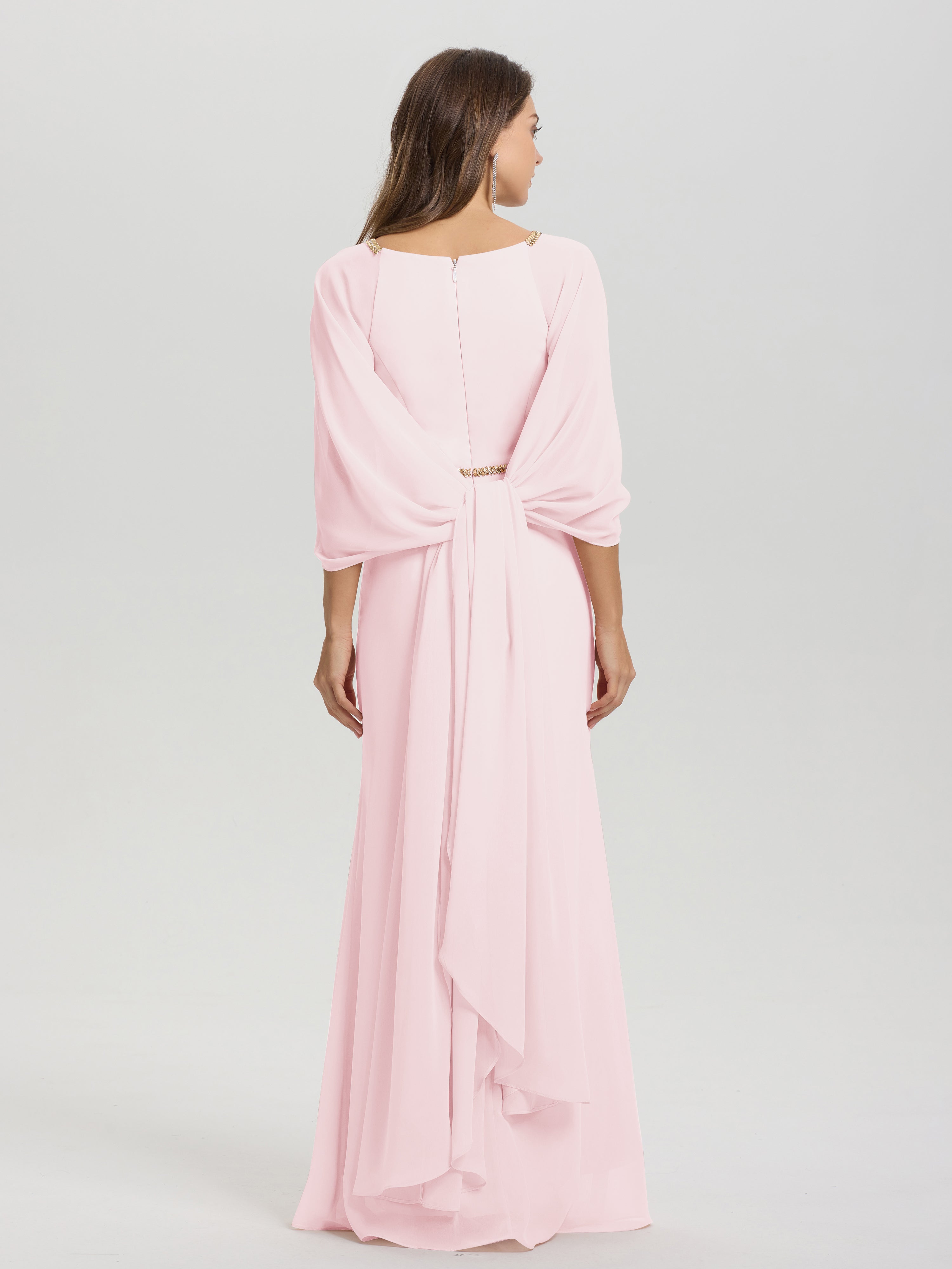 Sheath Flowy Long Sleeves Waisted Zip Back Chiffon Bridesmaid Dress
