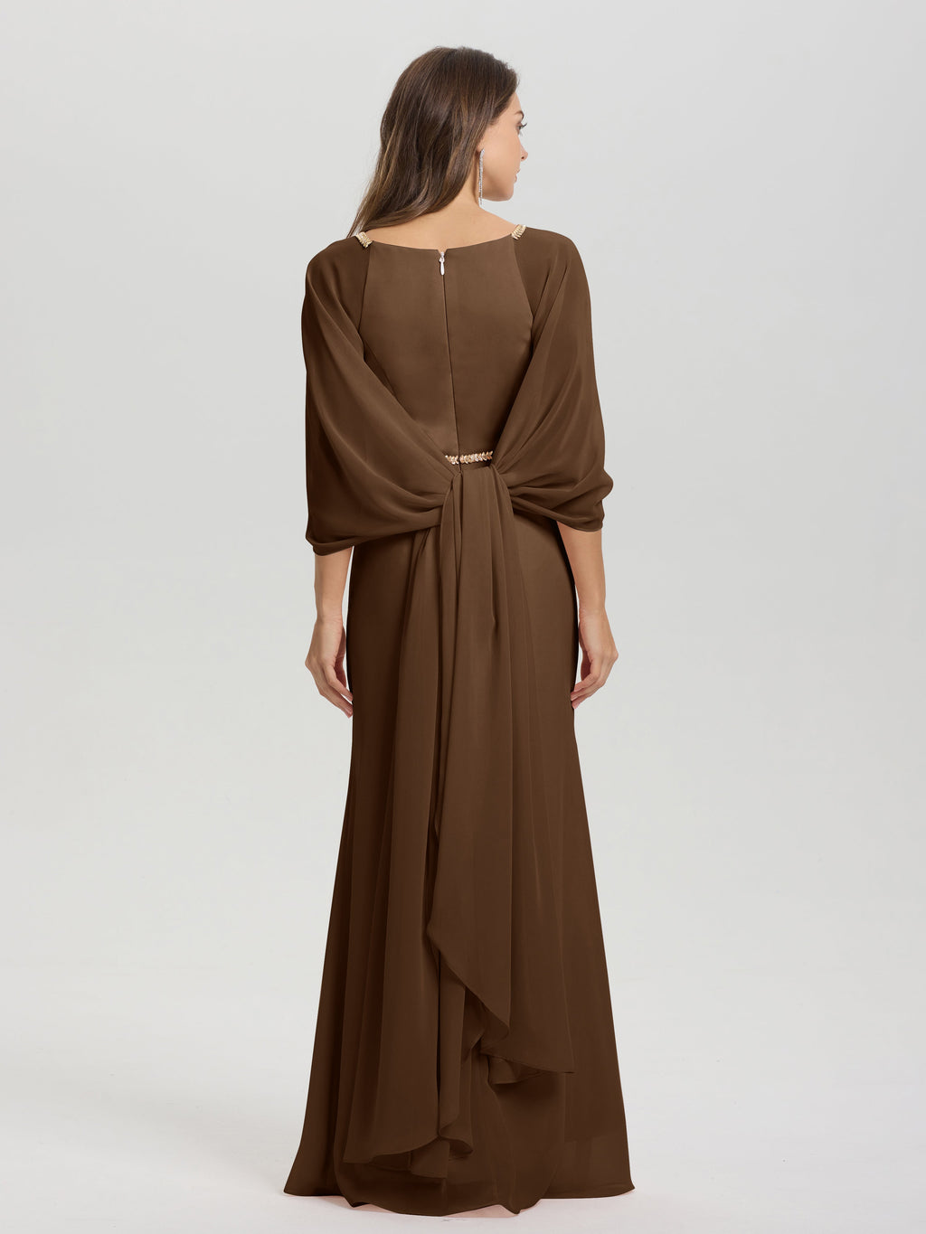 Sheath Flowy Long Sleeves Waisted Zip Back Chiffon Bridesmaid Dress