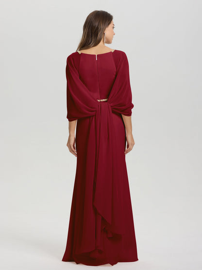 Sheath Flowy Long Sleeves Waisted Zip Back Chiffon Bridesmaid Dress
