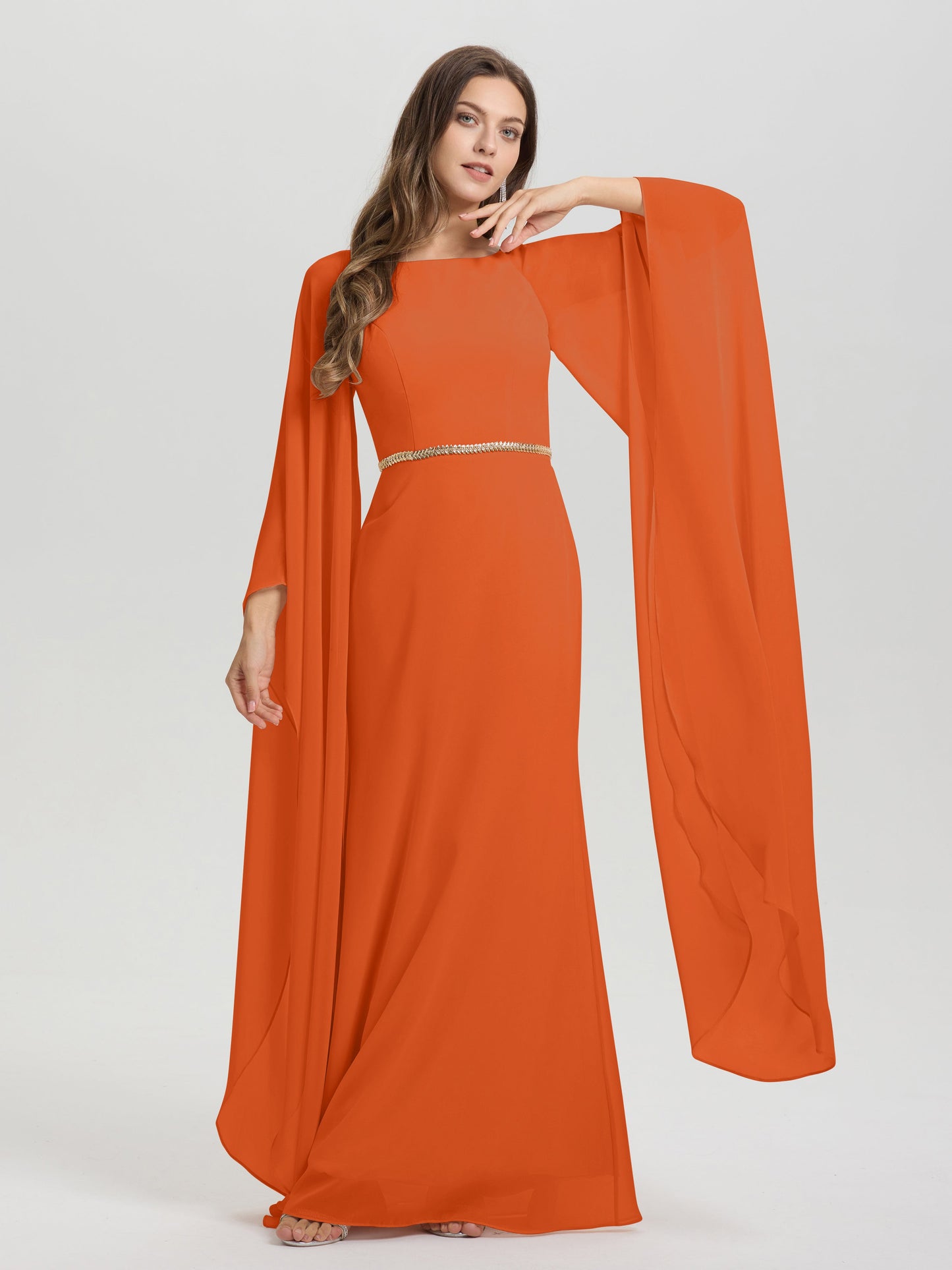 Sheath Flowy Long Sleeves Waisted Zip Back Chiffon Bridesmaid Dress