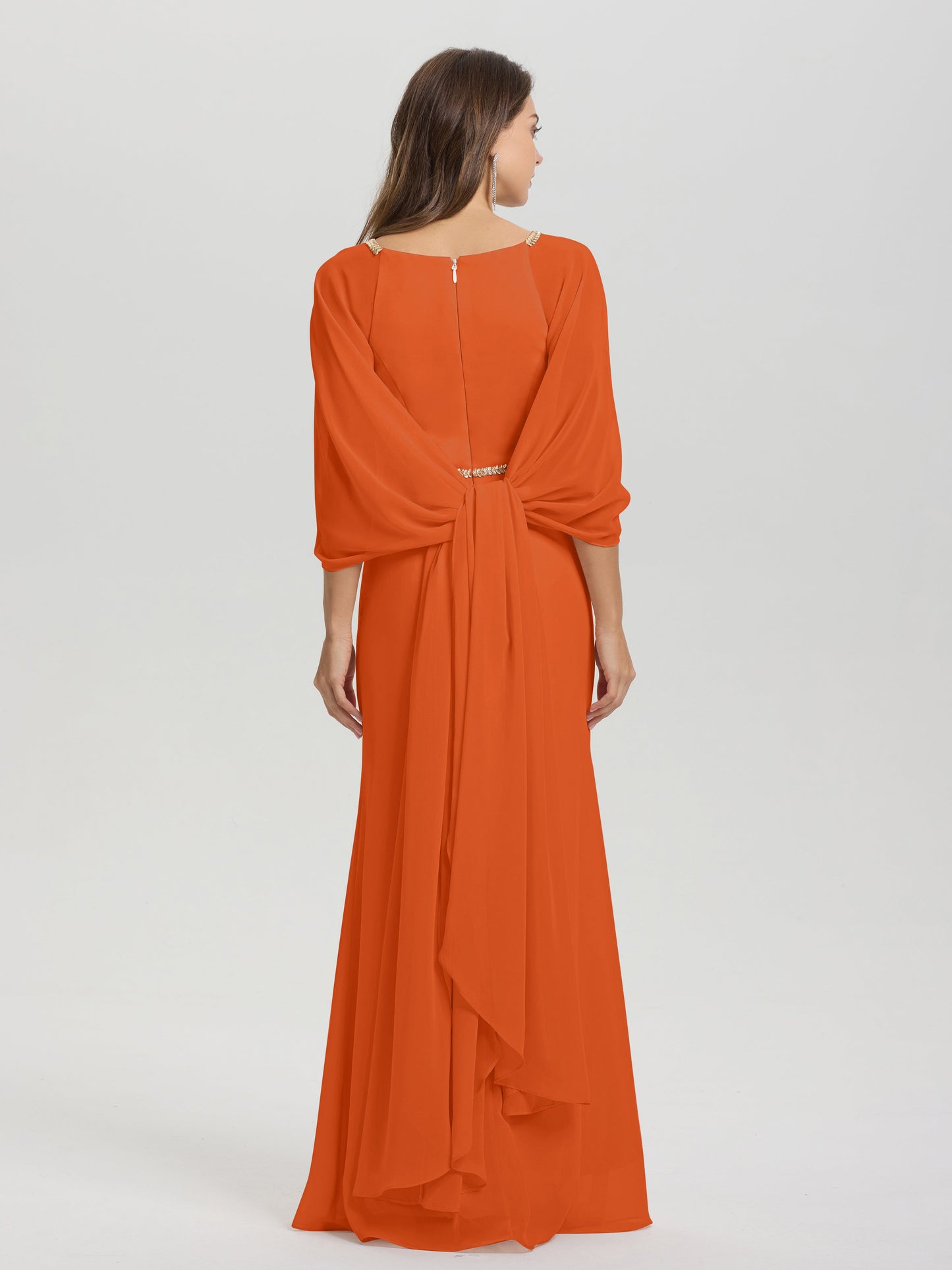 Sheath Flowy Long Sleeves Waisted Zip Back Chiffon Bridesmaid Dress