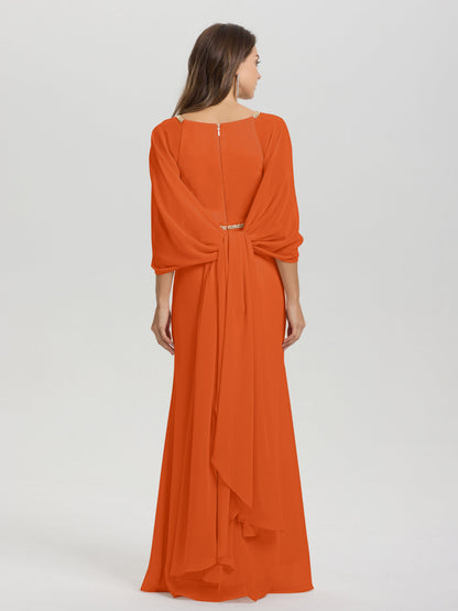 Sheath Flowy Long Sleeves Waisted Zip Back Chiffon Bridesmaid Dress