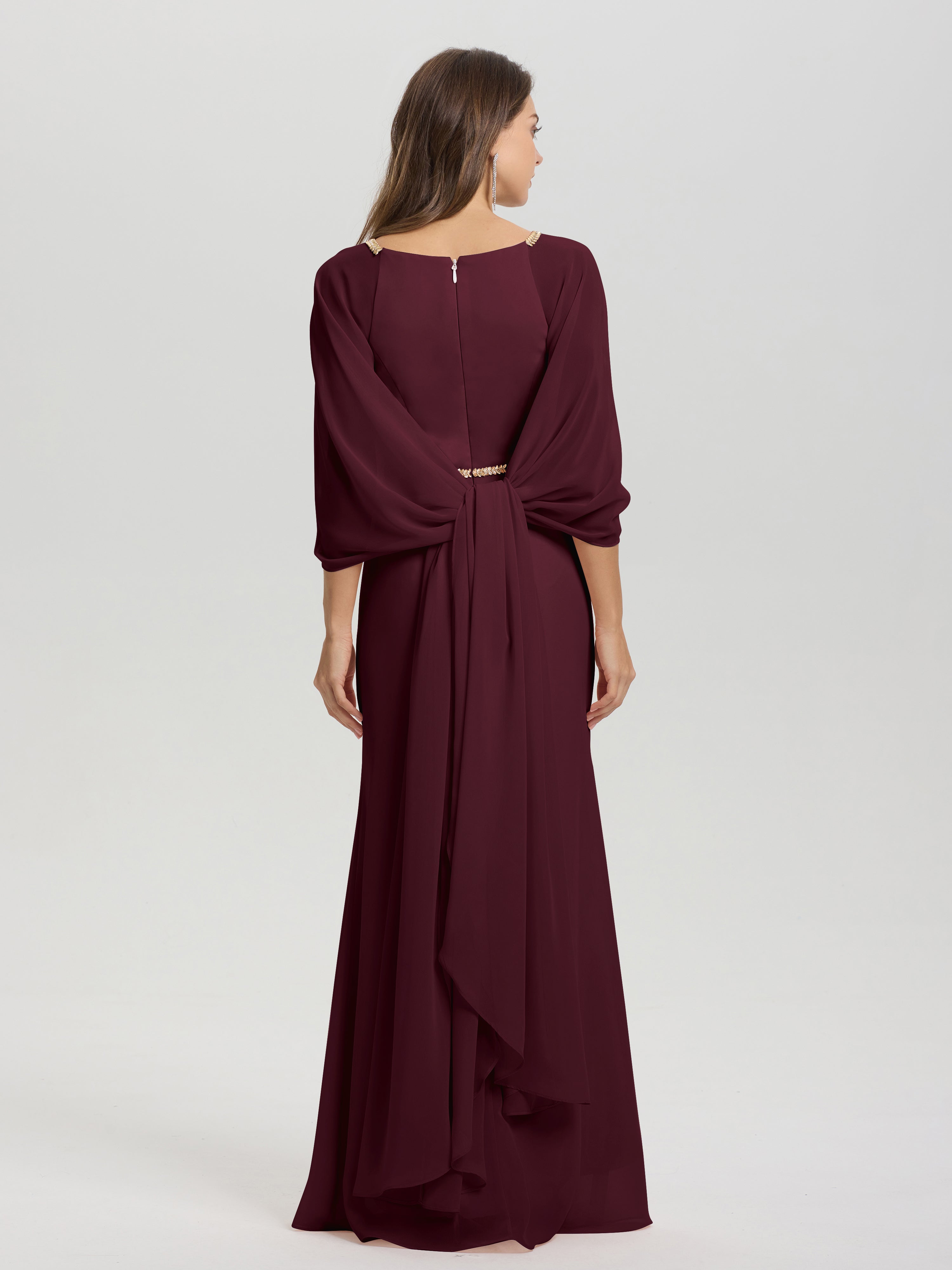Sheath Flowy Long Sleeves Waisted Zip Back Chiffon Bridesmaid Dress