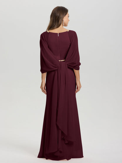 Sheath Flowy Long Sleeves Waisted Zip Back Chiffon Bridesmaid Dress