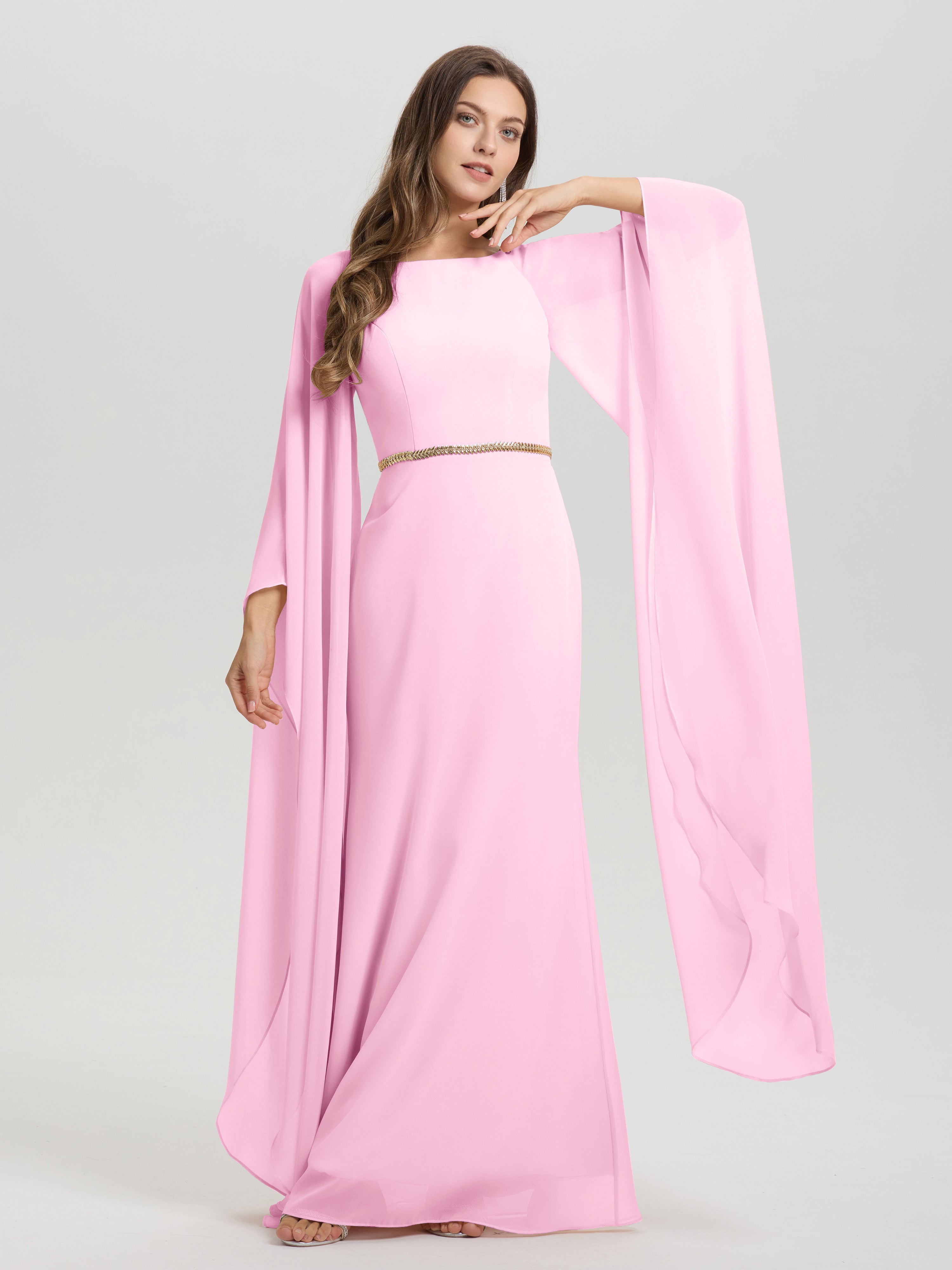 Sheath Flowy Long Sleeves Waisted Zip Back Chiffon Bridesmaid Dress