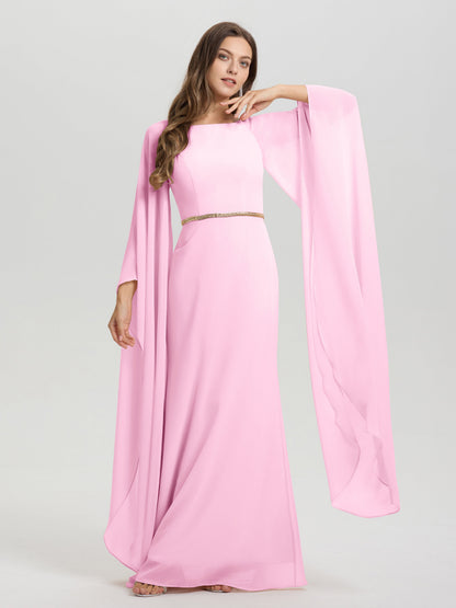 Sheath Flowy Long Sleeves Waisted Zip Back Chiffon Bridesmaid Dress