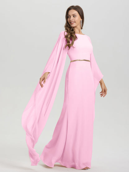 Sheath Flowy Long Sleeves Waisted Zip Back Chiffon Bridesmaid Dress