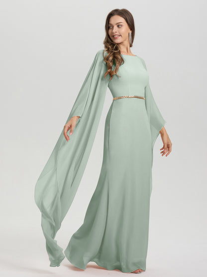 Sheath Flowy Long Sleeves Waisted Zip Back Chiffon Bridesmaid Dress