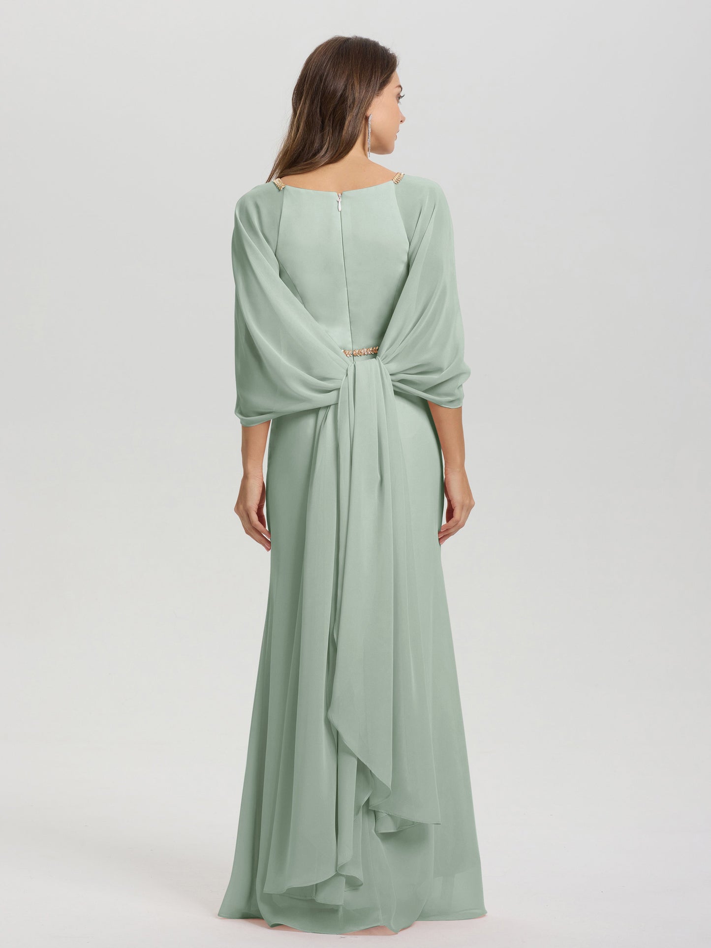 Sheath Flowy Long Sleeves Waisted Zip Back Chiffon Bridesmaid Dress
